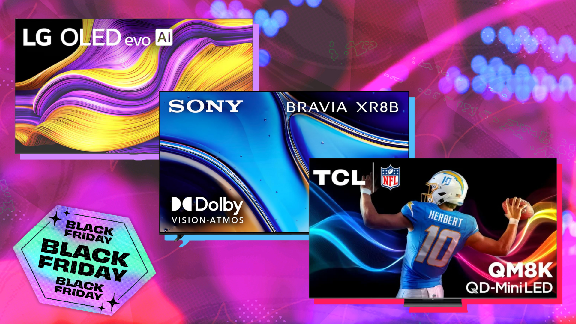 LG G5 OLED TV, Sony Bravia XR OLED TV, and TCL QM8K Mini LED TV arranged on purple backdrop with Black Friday sticker in corner