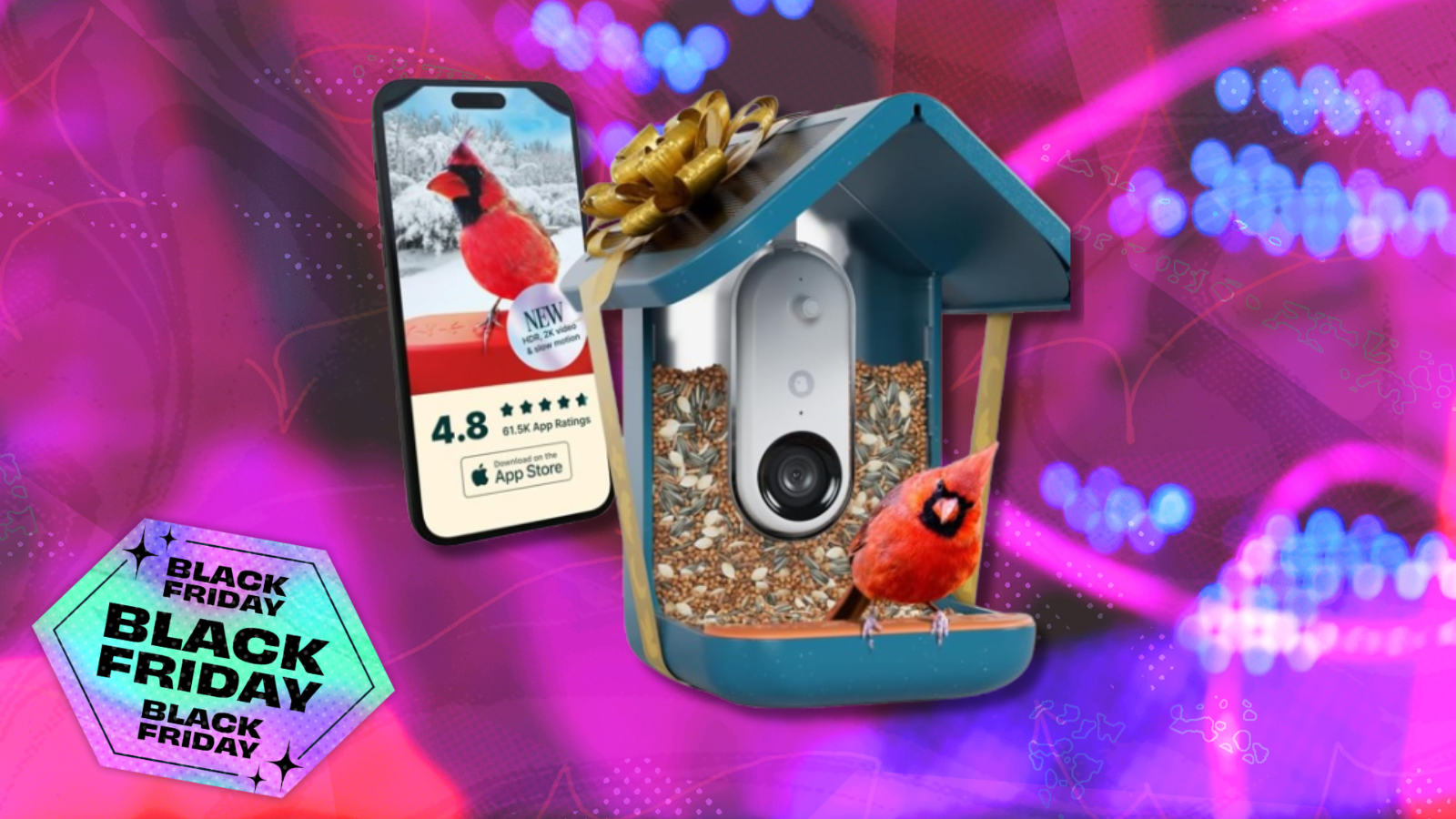 Birdbuddy smart feeder with cardinal and pink and purple background with black friday tag