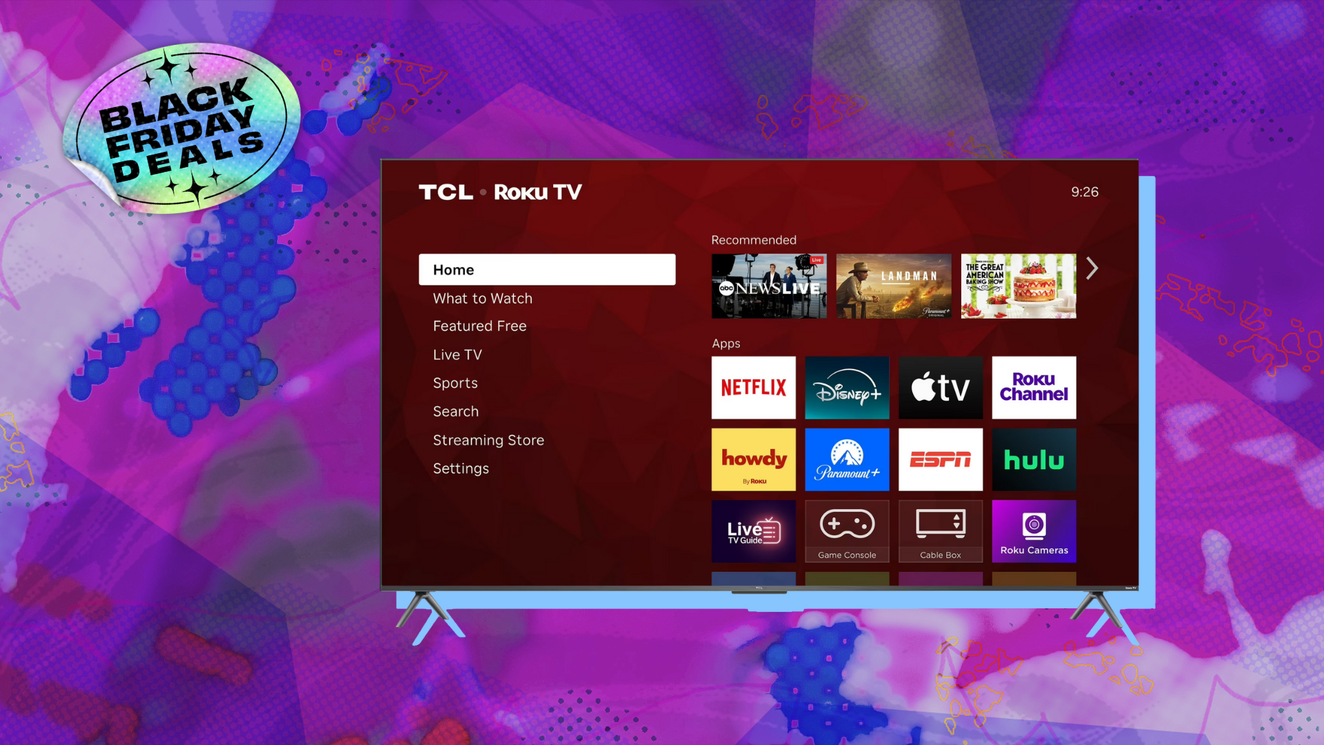 TCL Roku TV on purple backdrop with Black Friday deals sticker in corner