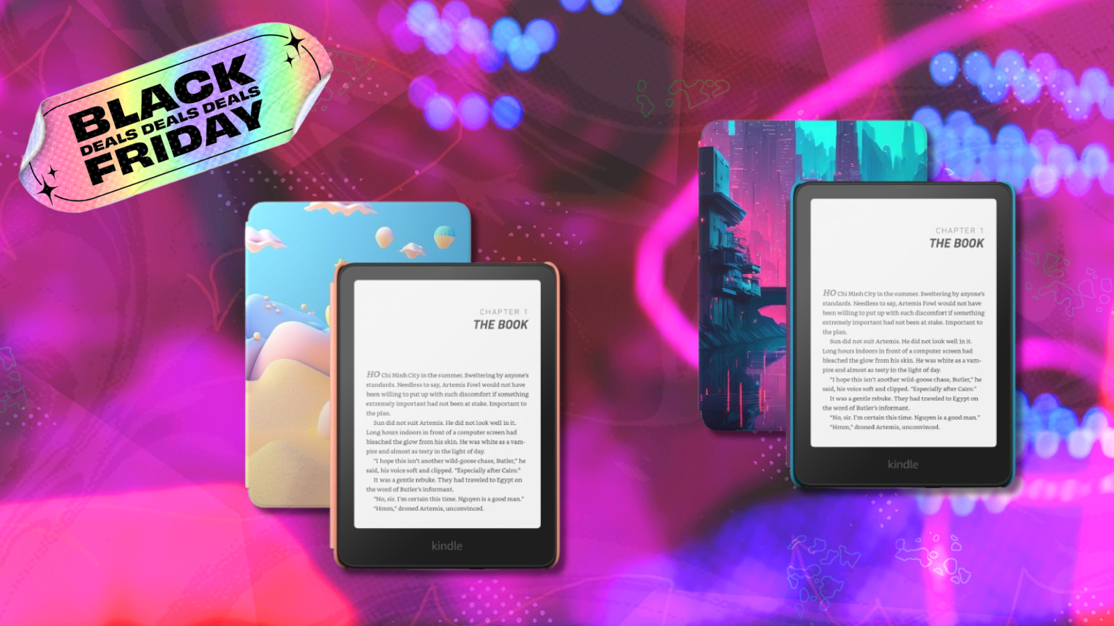 two Kindle Paperwhite Kids devices with purple black friday background