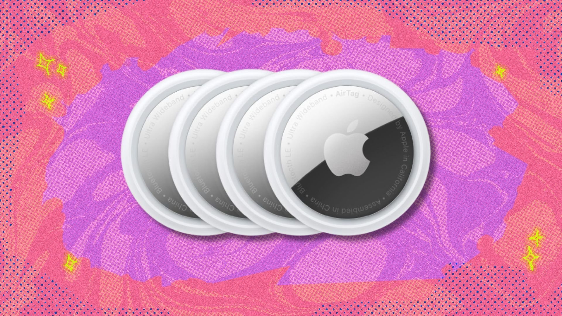 a stack of four apple airtags in a row, overlapping each other. The background is purple and coral.
