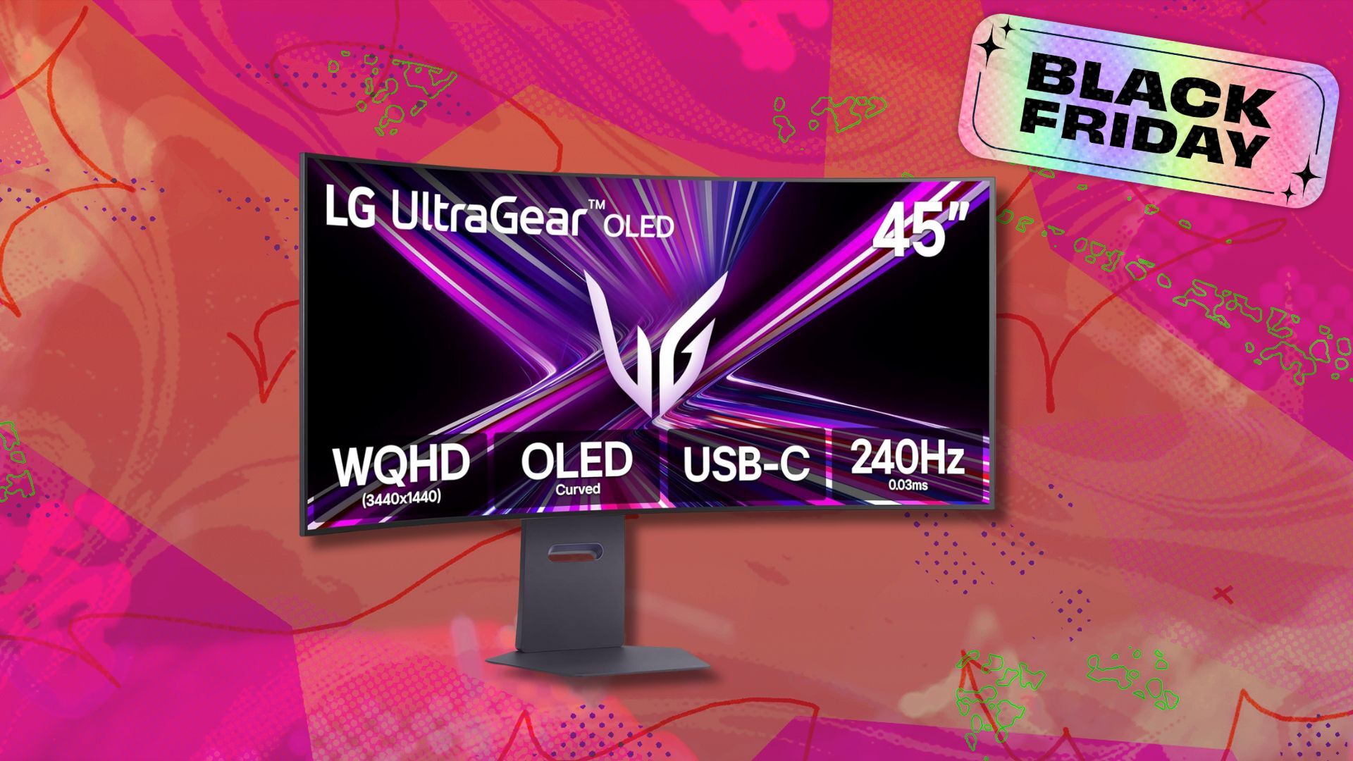 LG Ultragear gaming monitor on pink and green abstract background