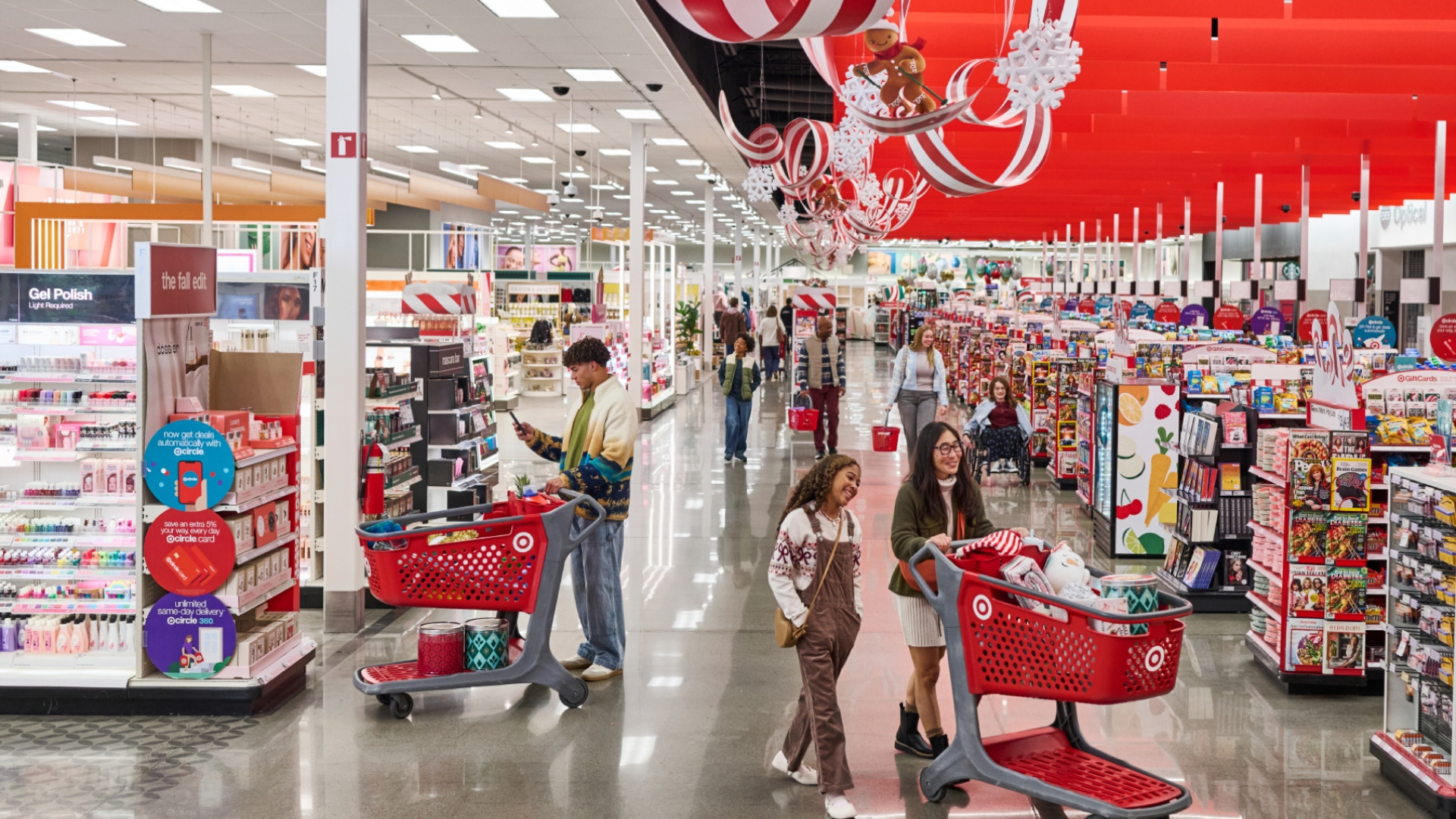 The aisles of Target decorated for the holidays