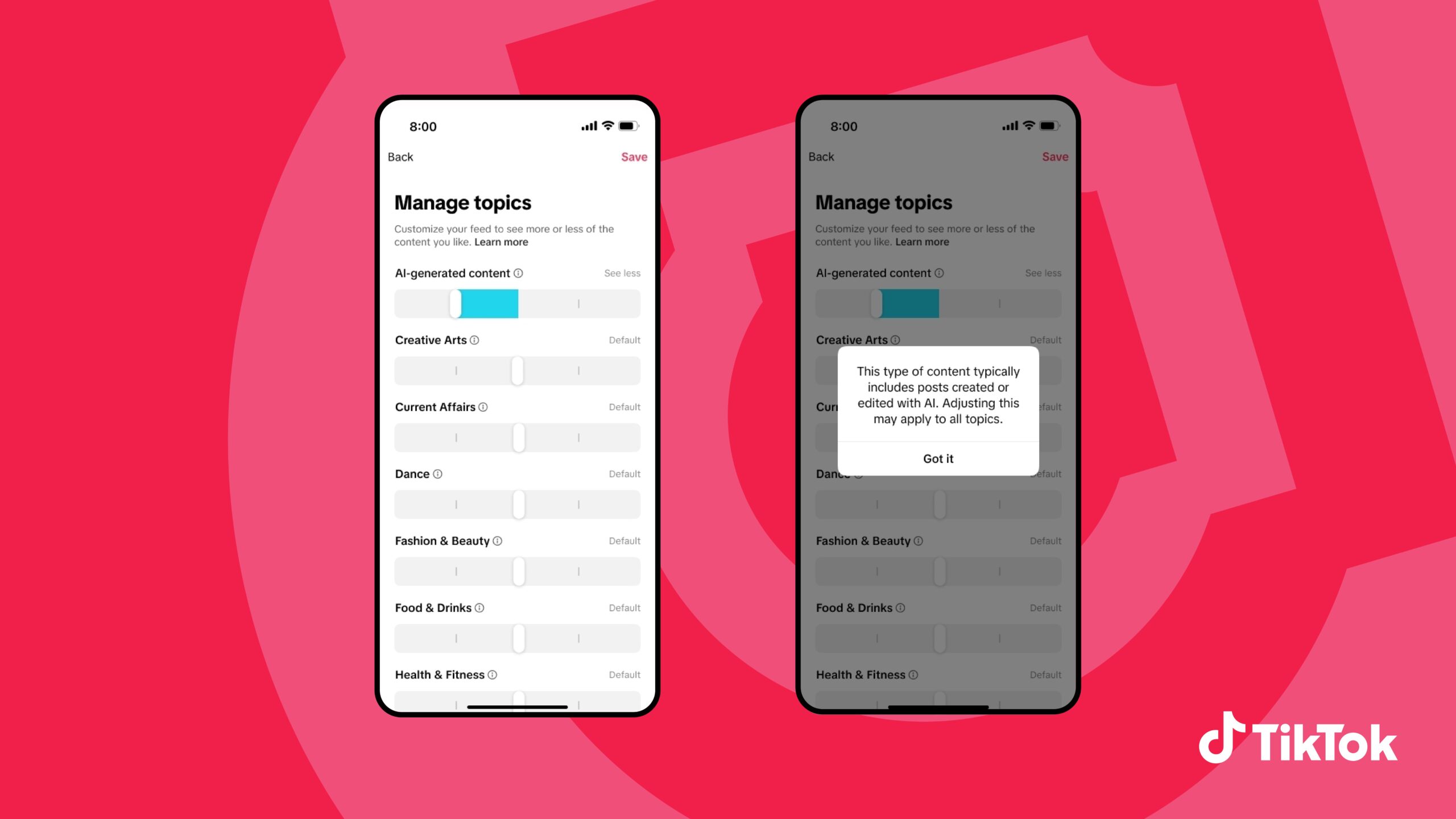 TikTok AI generated content Manage topics filter