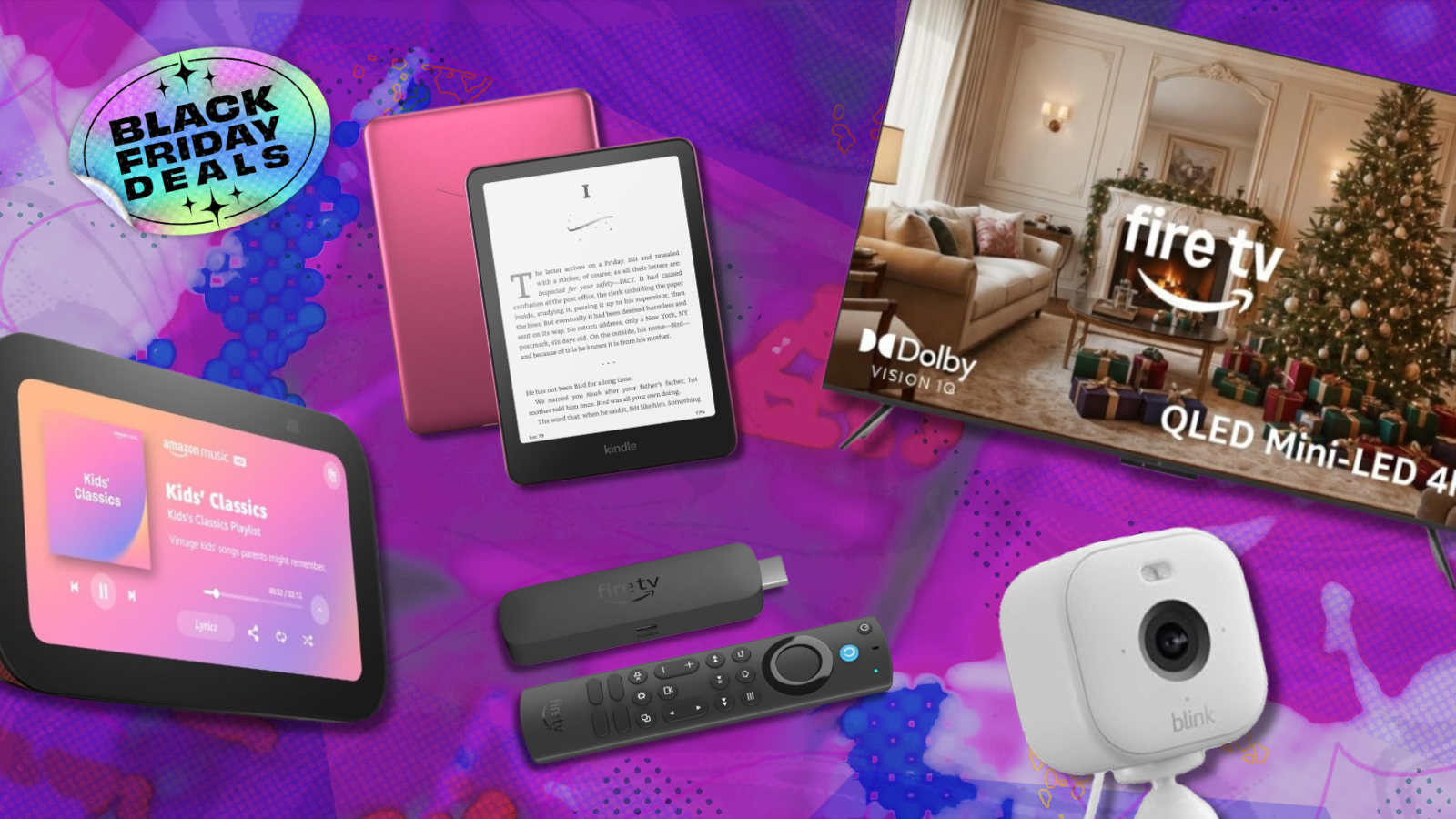 Amazon devices with purple black friday background