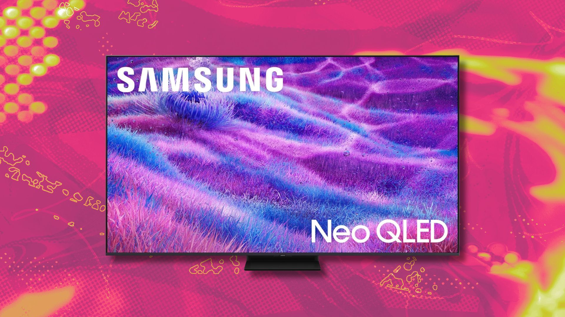 samsung 75-inch neo qled 4k qn80f tv against a pink patterned background