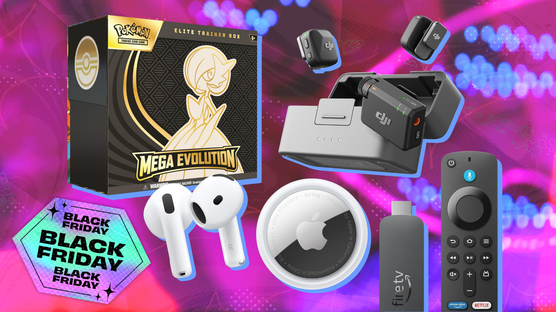 Pokémon Elite Trainer Box, Apple AirPods 4, Apple AirTag, DJI Mic Mini, and Amazon Fire TV Stick on purple backdrop with Black Friday sticker in corner