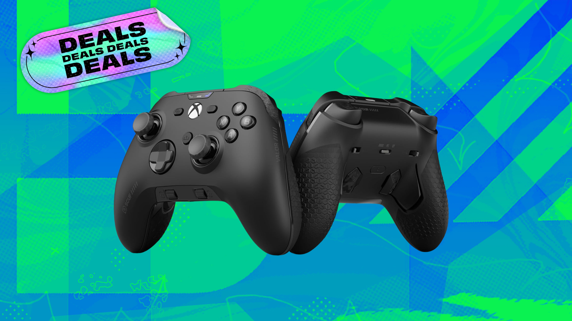 SCUF Xbox controller on green and blue background