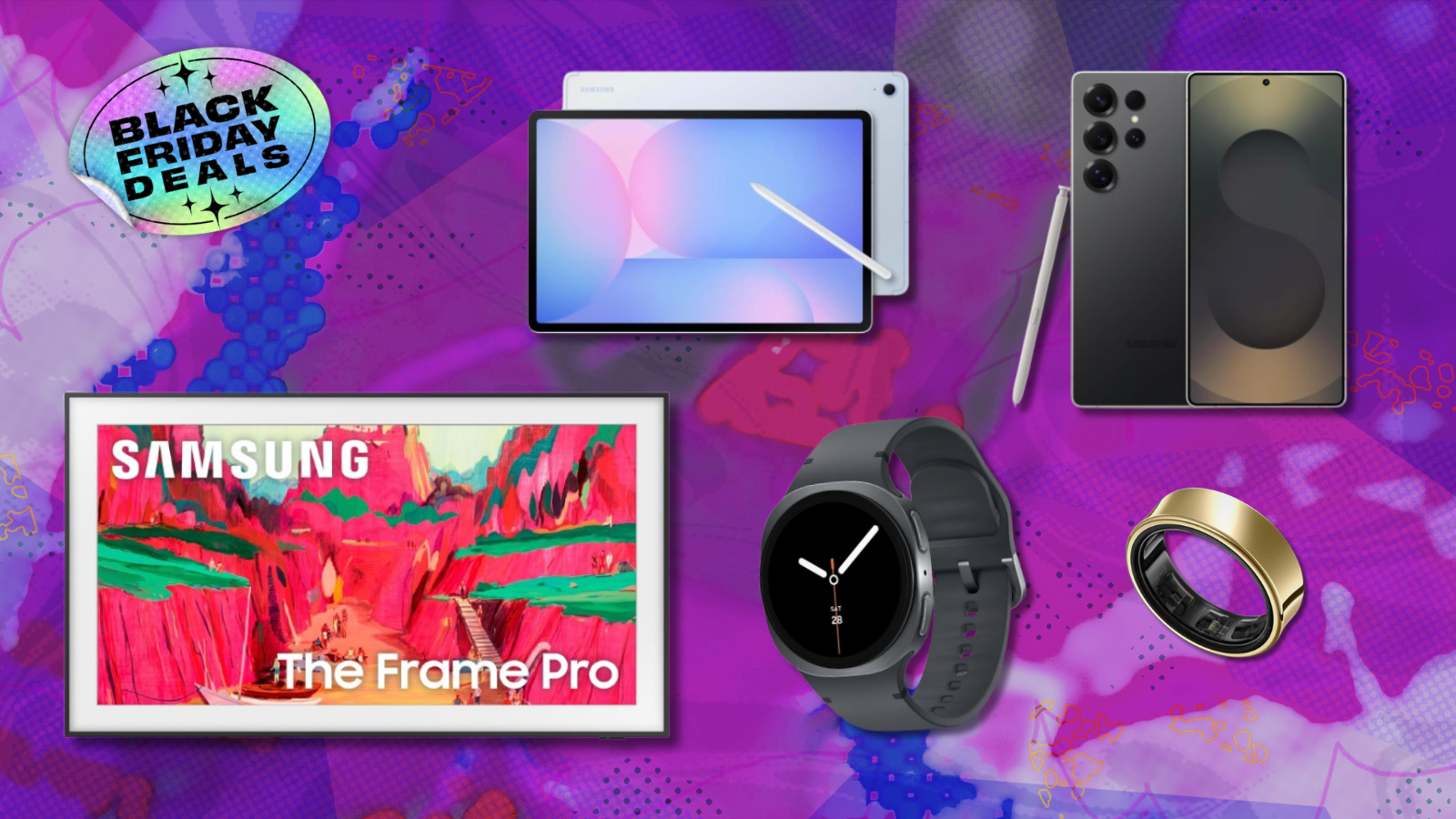 Samsung The Frame Pro, Galaxy Tab S10 FE+, Galaxy Ring, Galaxy Watch 8, and Galaxy S25 Ultra with purple background