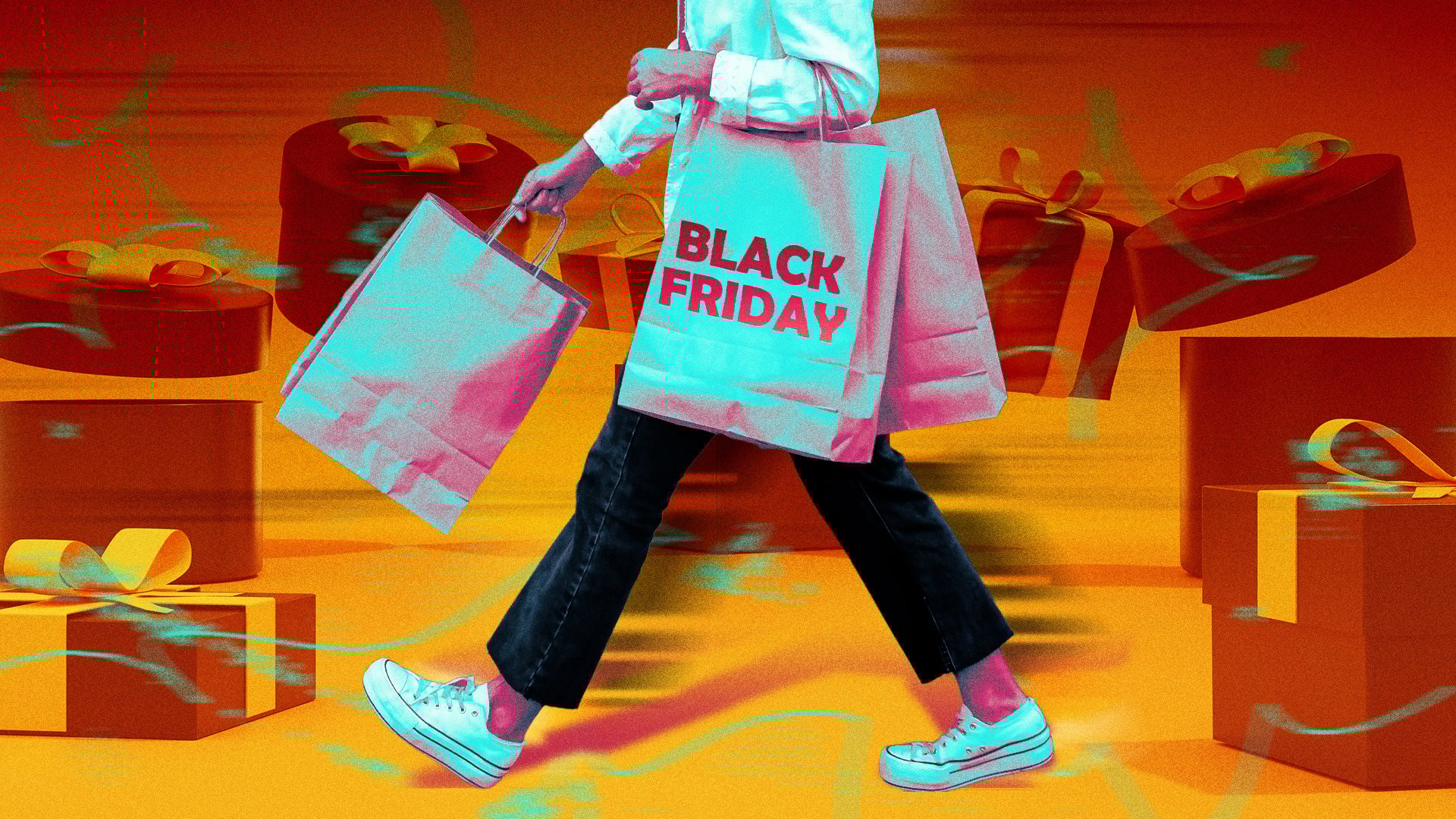 An illustration of a person walking with Black Friday shopping bags