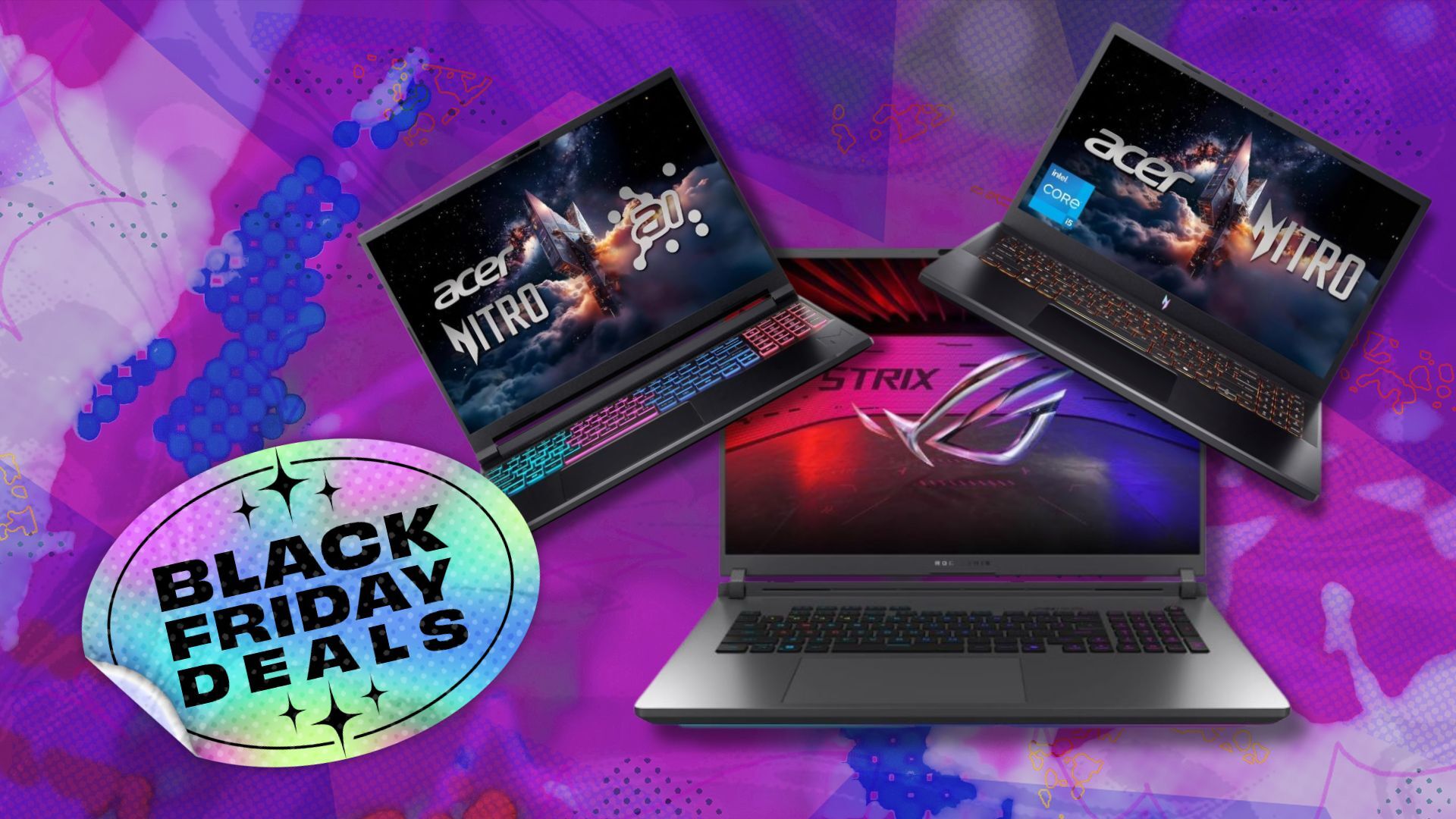 Budget, mid-range and high end gaming laptop on a patterned purple Black Friday background