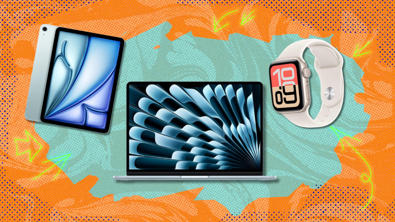 MacBook Air, Apple Watch SE, and iPad Air with orange and green background