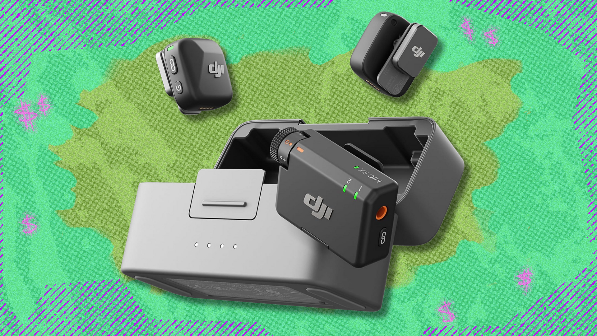 DJI Mic Mini on green and yellow abstract background