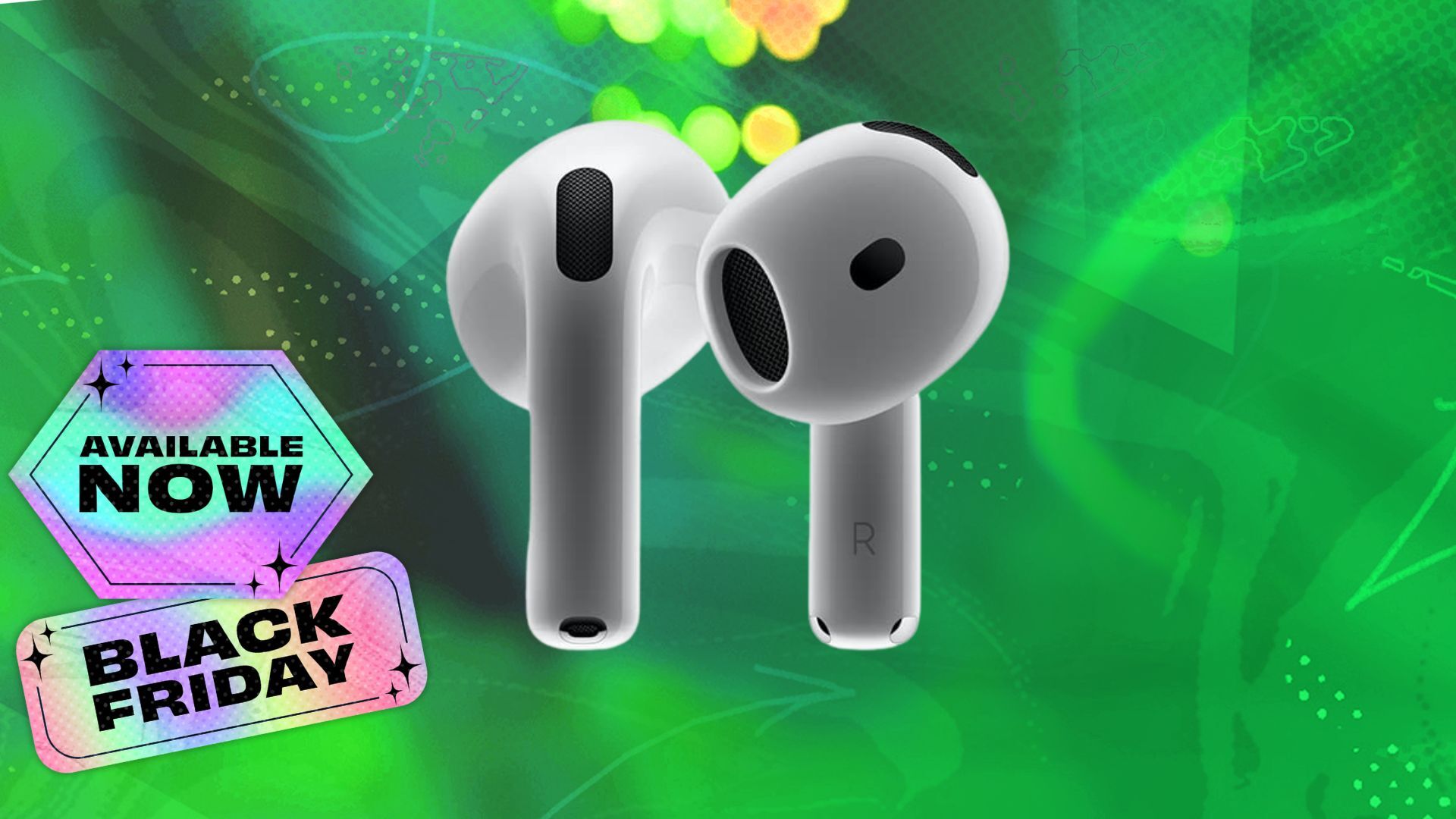 airpods 4 with anc on green background with stickers reading 'black friday' and 'available now'