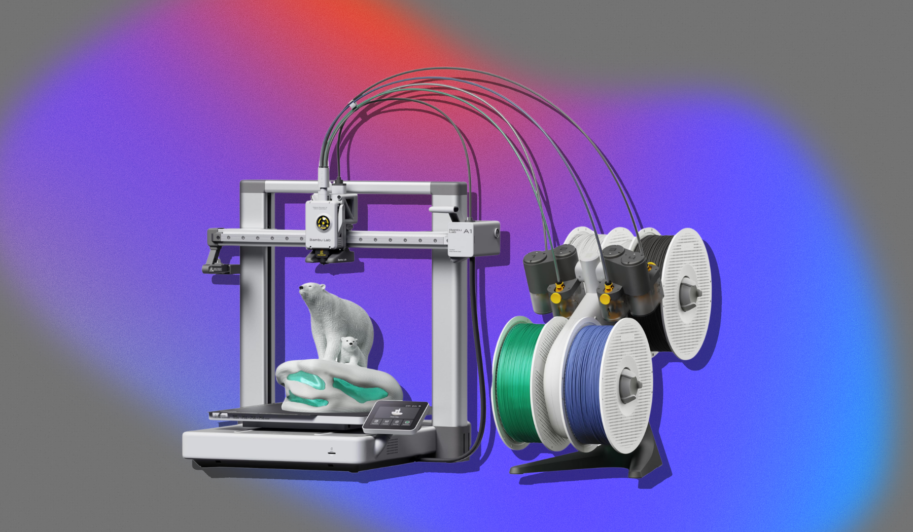 Bambu Lab A1 Combo 3D printer arranged on pink, blue, and gray backdrop