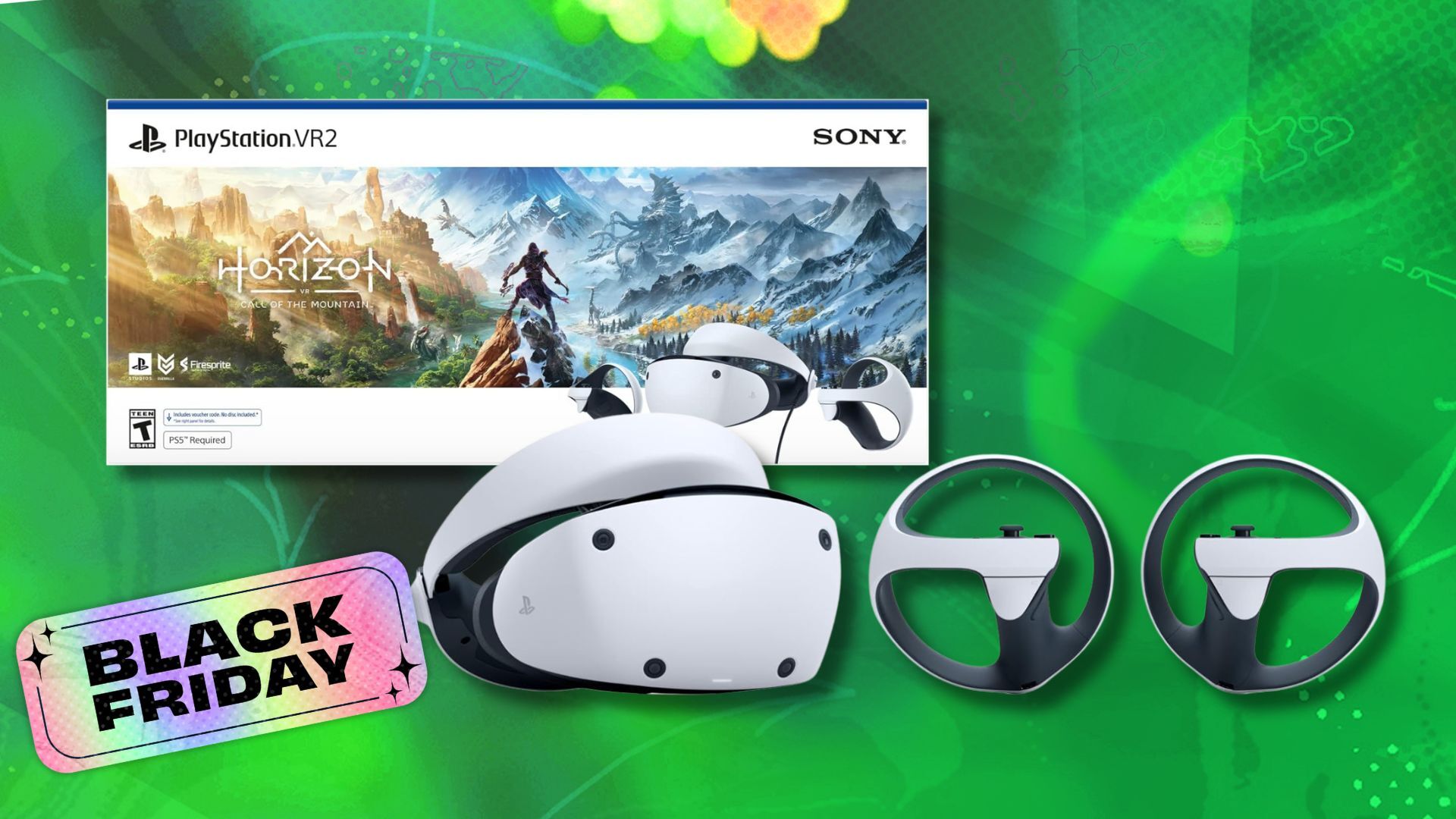 playstation vr 2 headset and horizon call of the mountain bundle box against a green patterned background