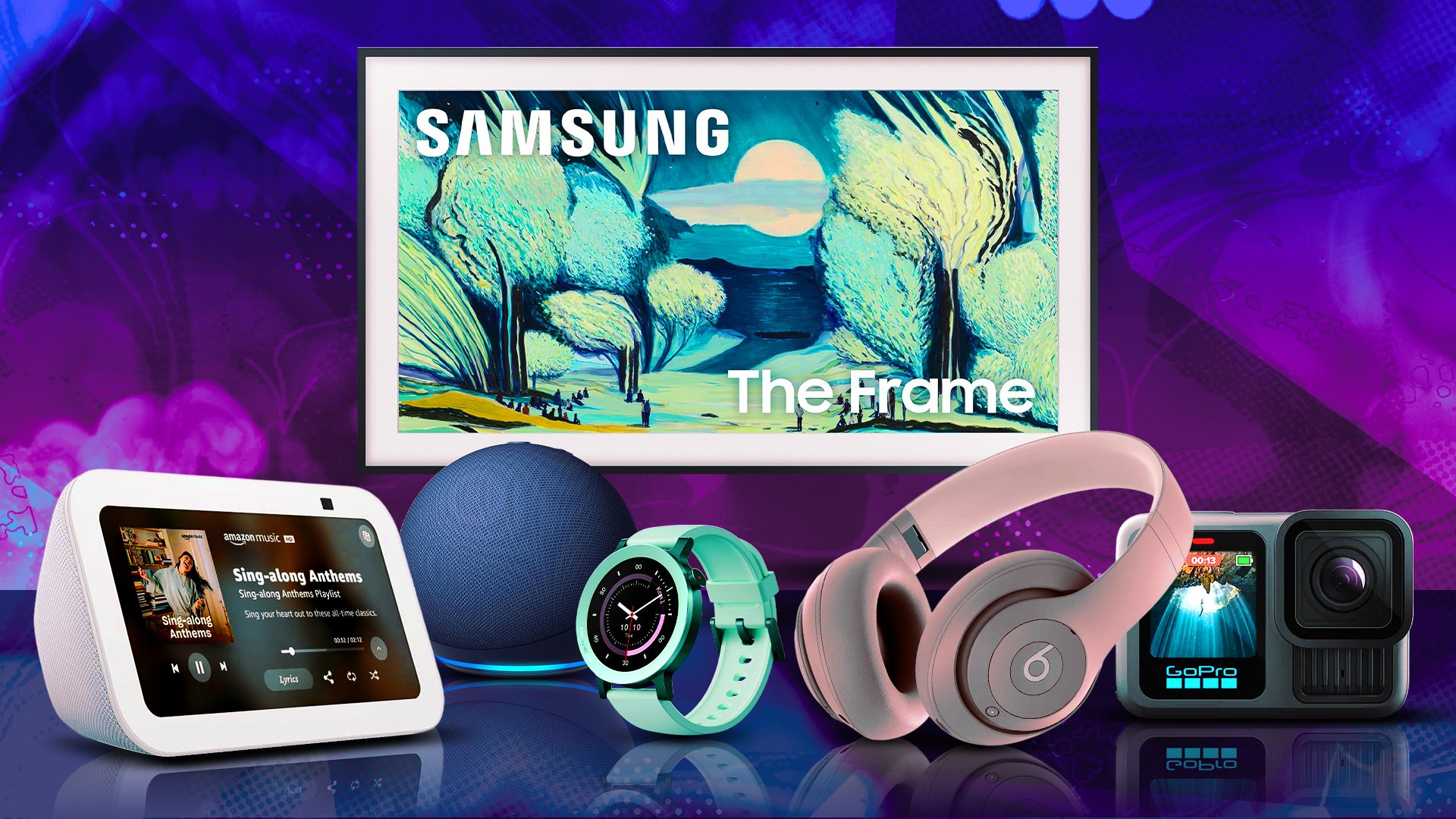 samsung the frame, echo products, and other tech gadgets on reflective surface