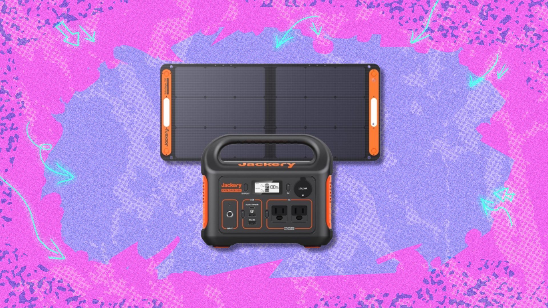 the Jackery explorer 300 with a 100W solar panel behind it on a purple background