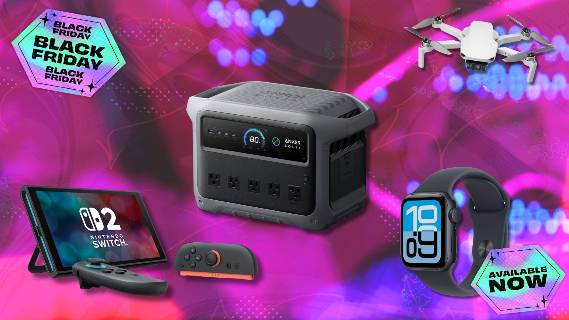 collage of tech products on sale for black friday, with stickers that read 'black friday' and 'available now'
