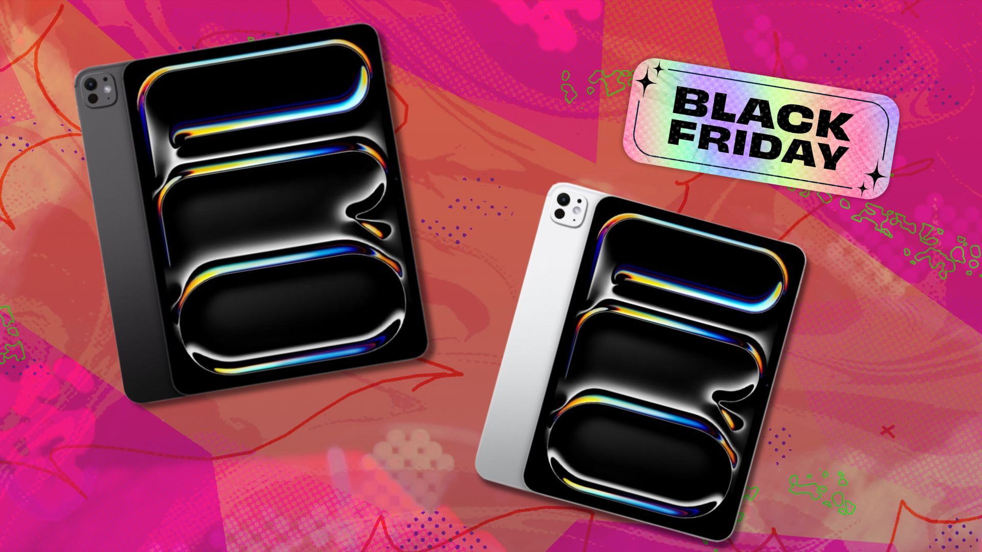 the apple ipad pro on a pink and red black friday background