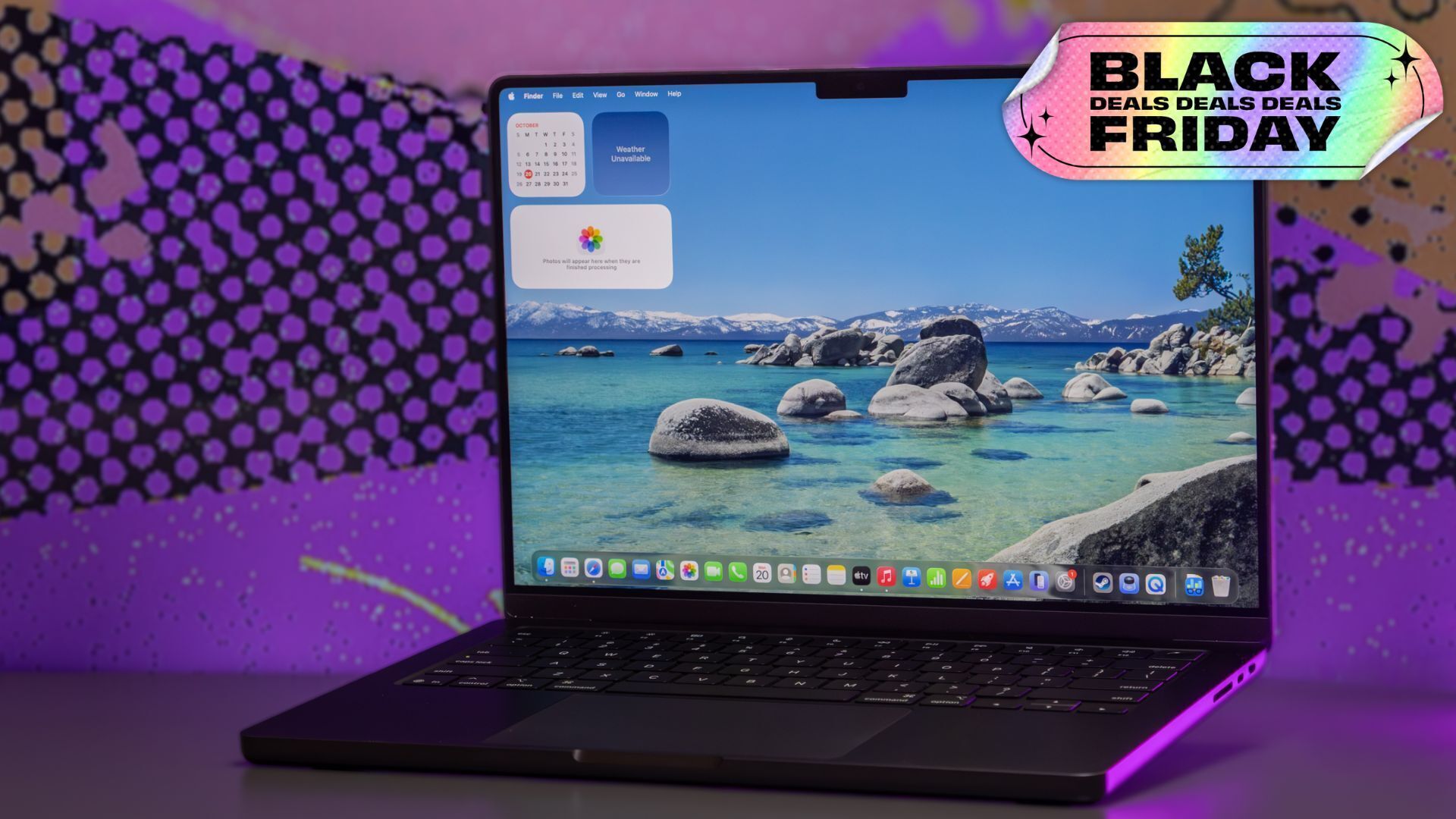 Apple M5 MacBook Pro with purple background and Black Friday tag in top right corner