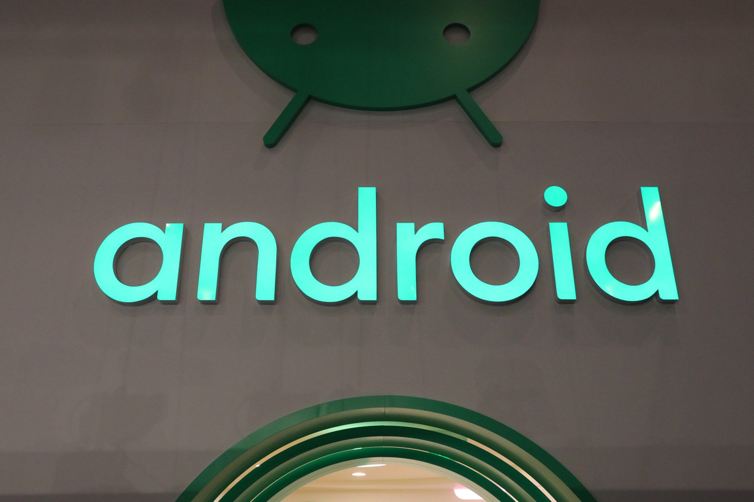 A logo at the entrance to the Google Inc. Android stand on the opening day of the MWC Barcelona