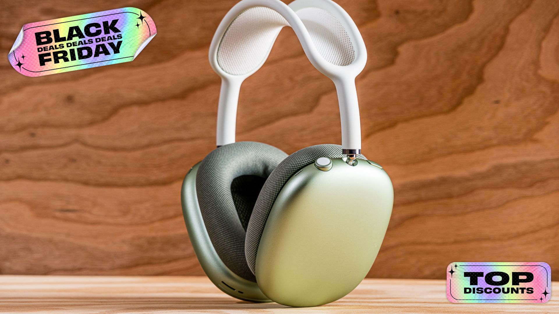apple airPods max headphones with stickers that read 'black friday deals' and 'top discounts'