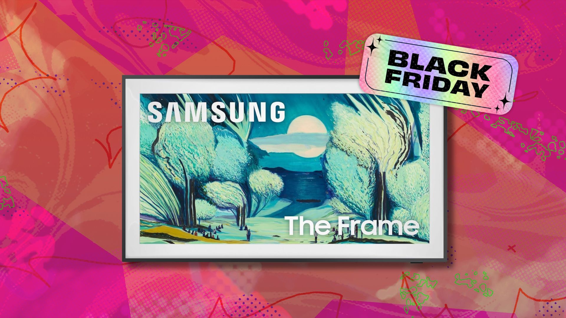 samsung the frame tv against a pink and orange patterned background