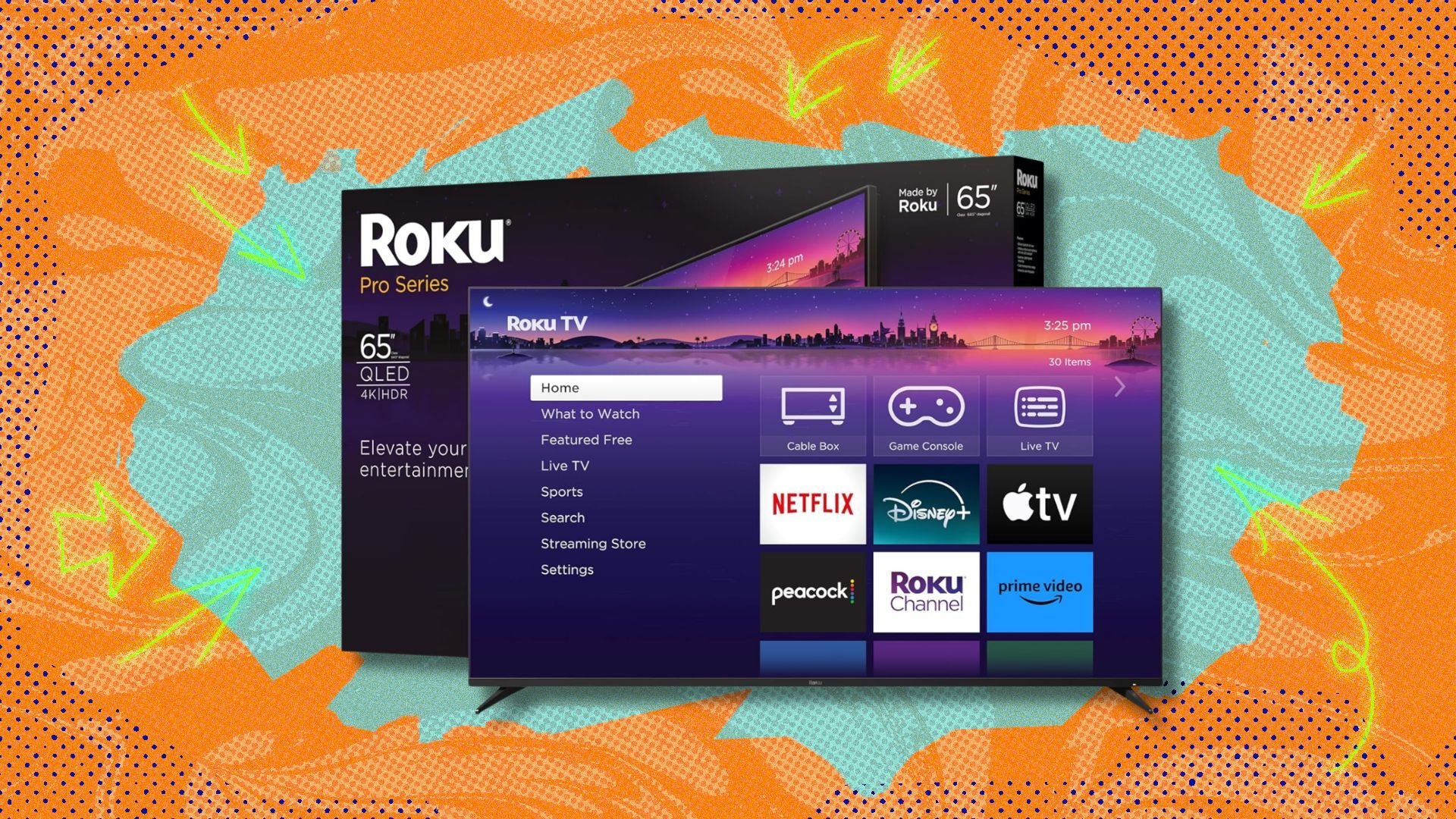 roku smart tv against an orange and blue patterned background