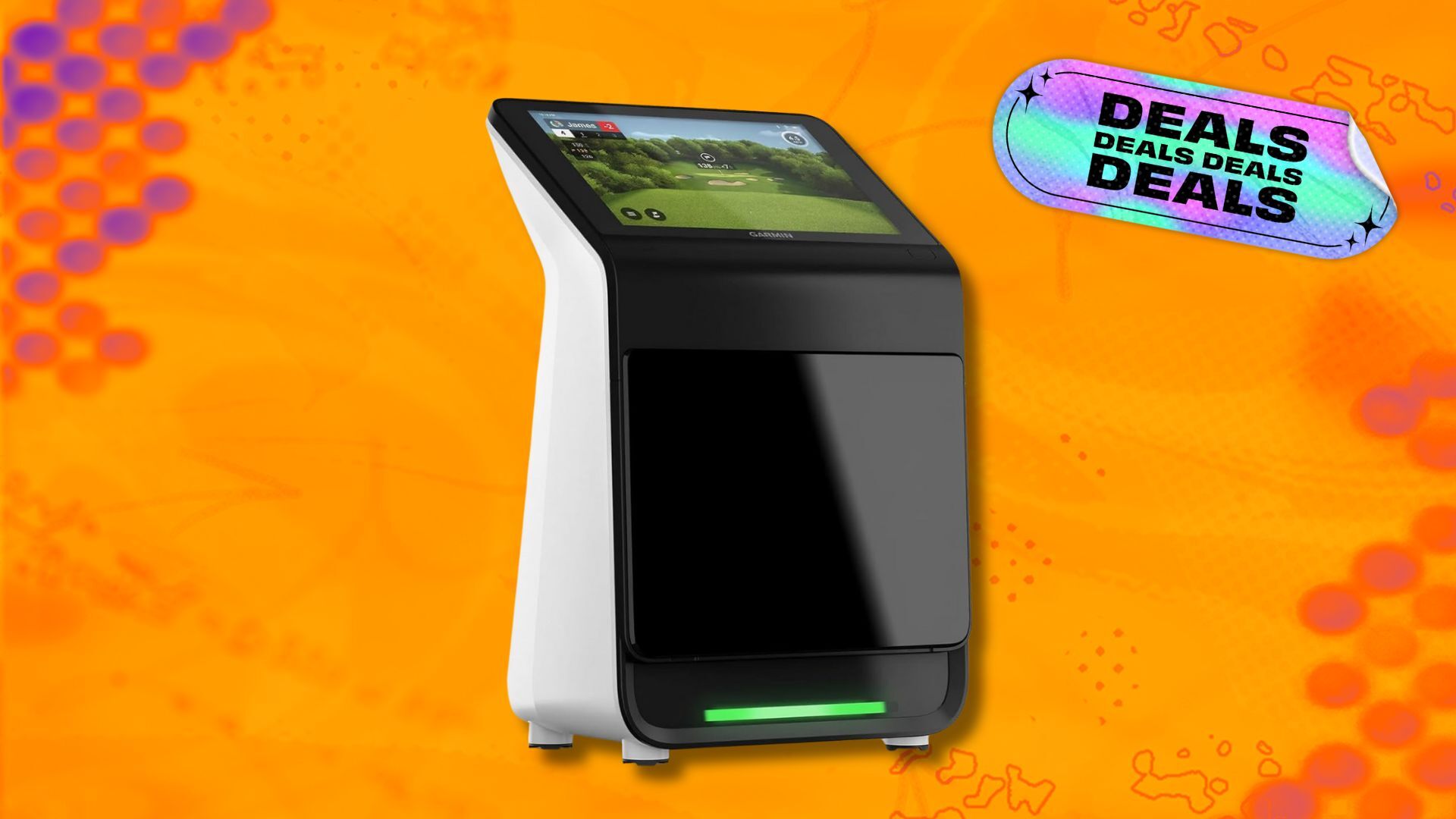 garmin approach r50 golf launch monitor and simulator against an orange patterned background