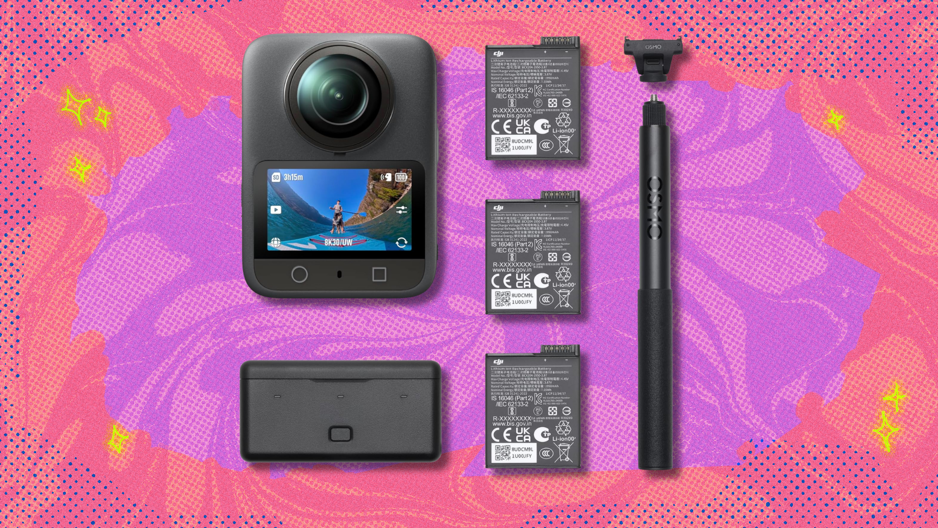 DJI Osmo 360 Camera Adventure Combo on pink and purple abstract background