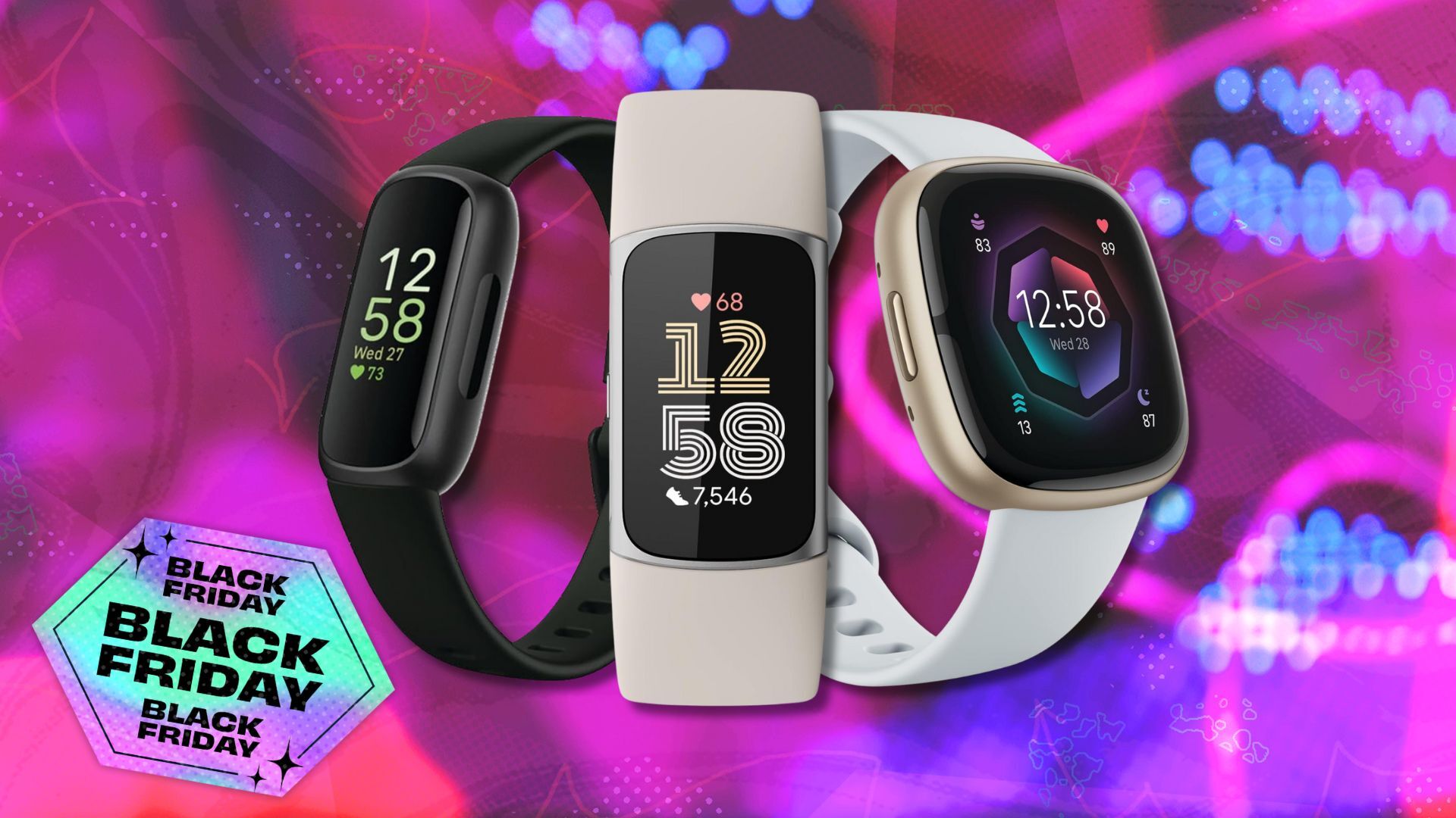 fitbit inspire 3, fitbit charge 6, and fitbit sense 2 against a pink patterned background
