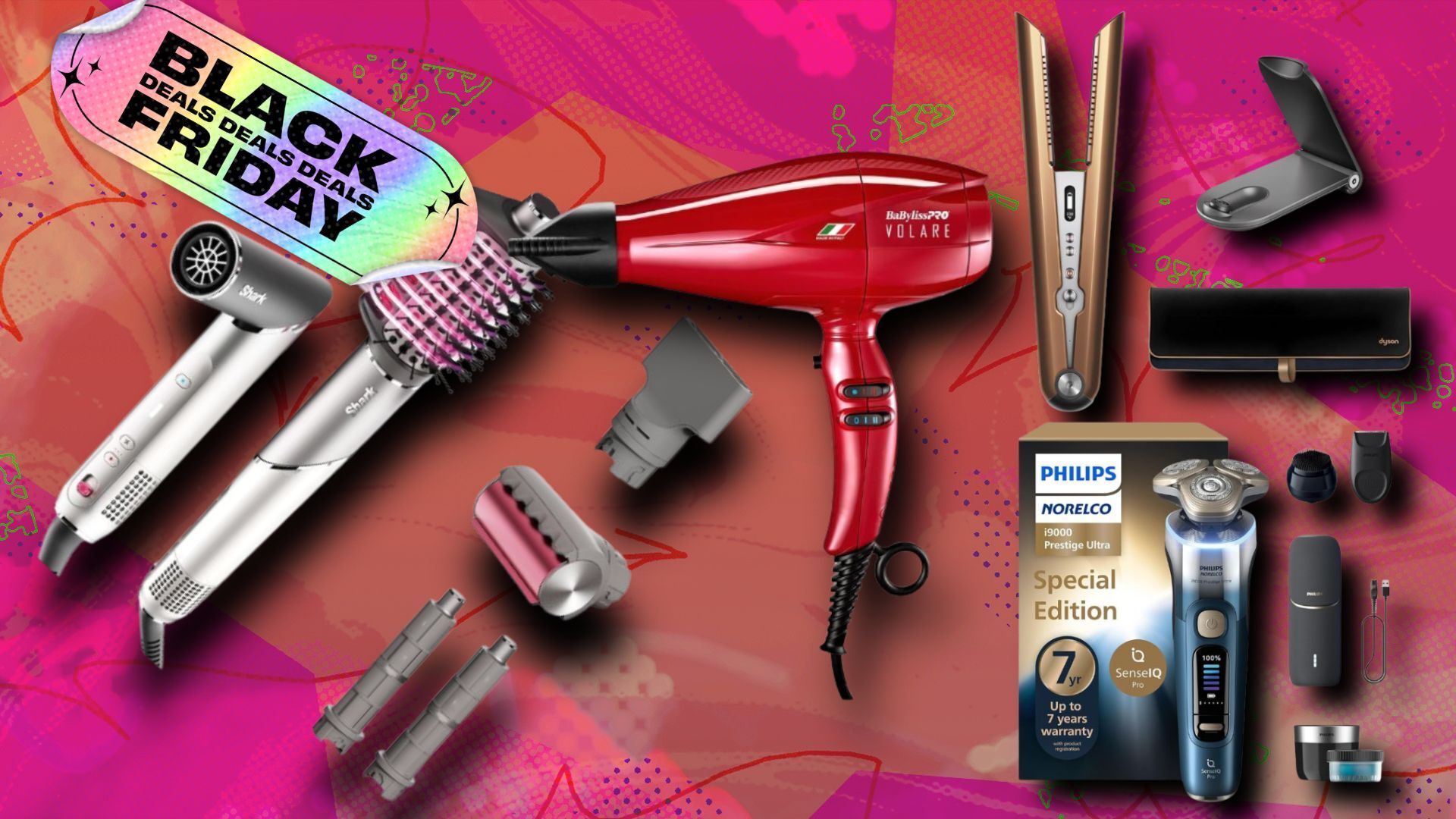 Black Friday grooming deals items on a pink patterned background