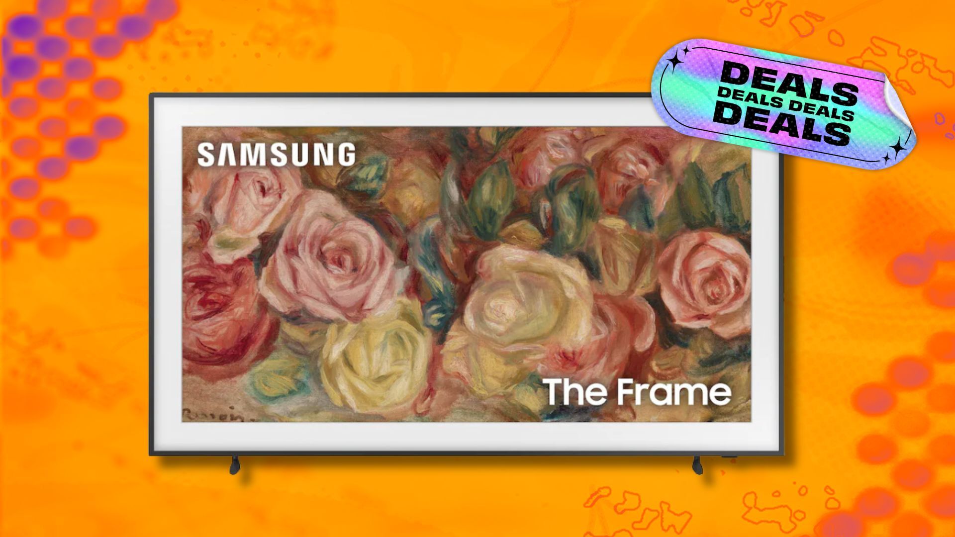 samsung the frame tv against an orange patterned background