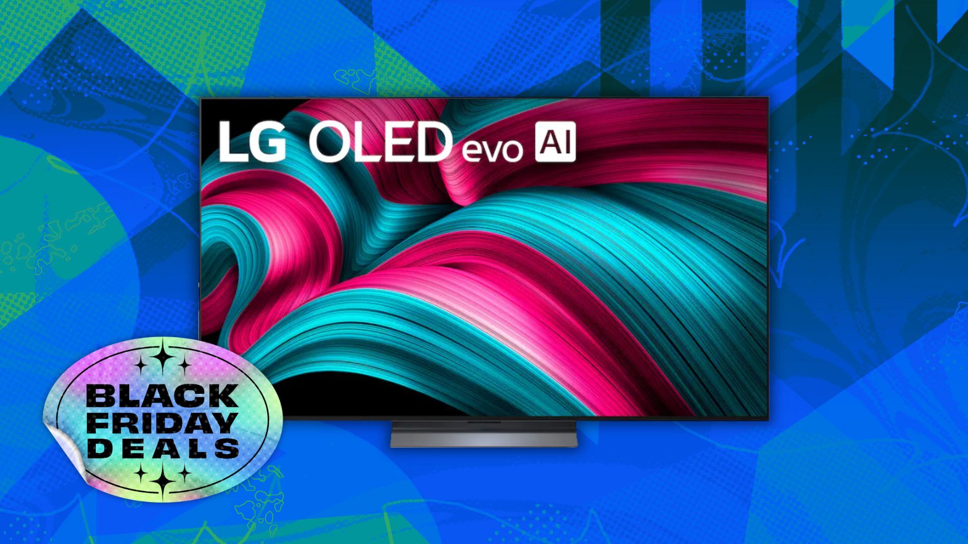 lg c5 oled tv on illustrated background with sticker that reads 'black friday deals'