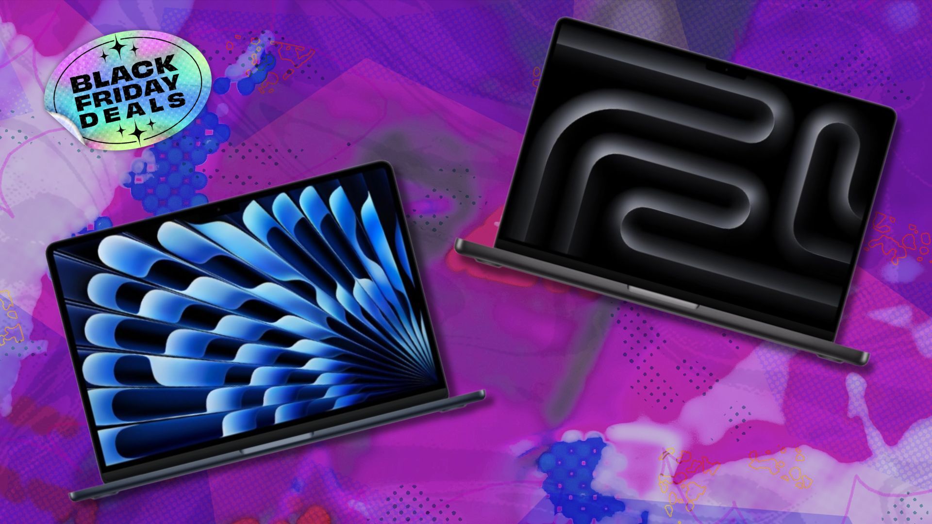 two macbook laptops sit on a busy blue and purple background that says black friday