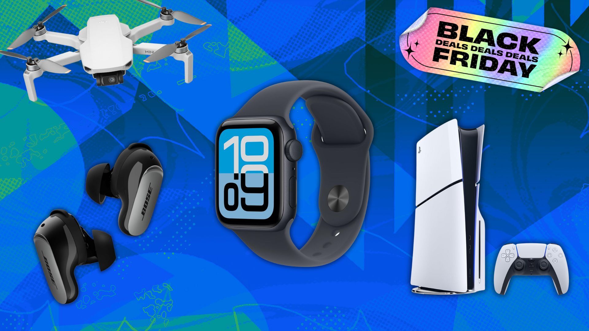 dji drone, apple watch, bose earbuds, ps5 console on illustrated background with sticker that reads 'black friday deals'