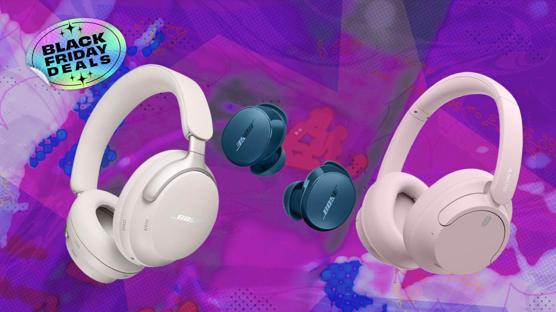 bose and sony headphones and earbuds on pink and purple background.