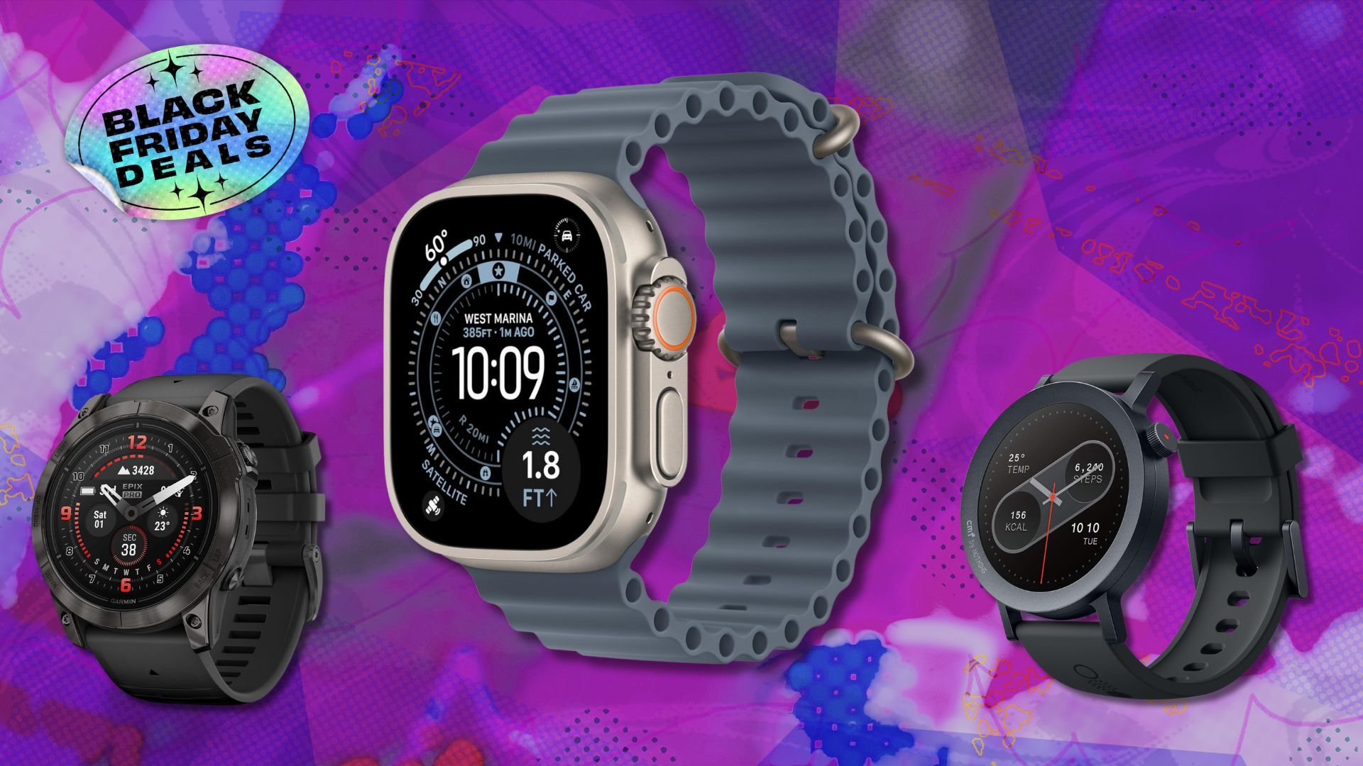 Black Friday fitness trackers on pink and purple abstract background