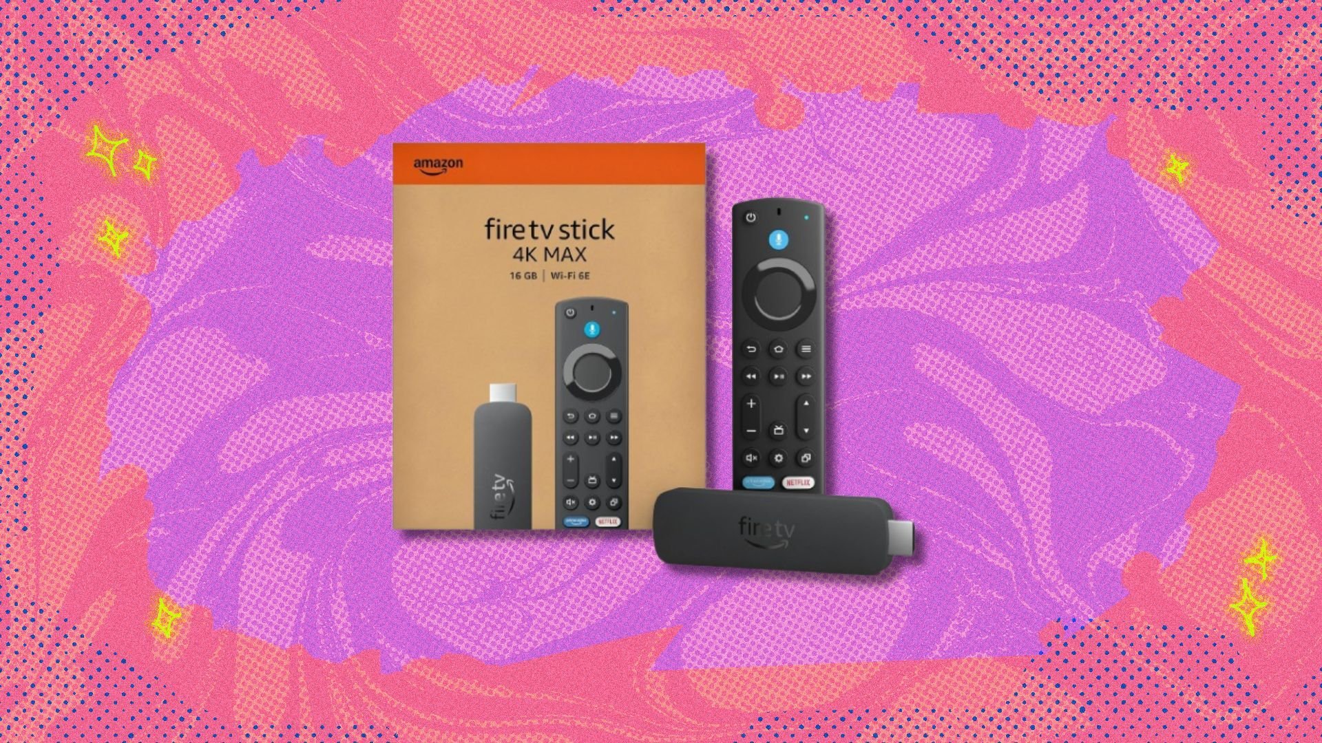 the amazon fire tv stick max with its box on a pink and coral-colored background