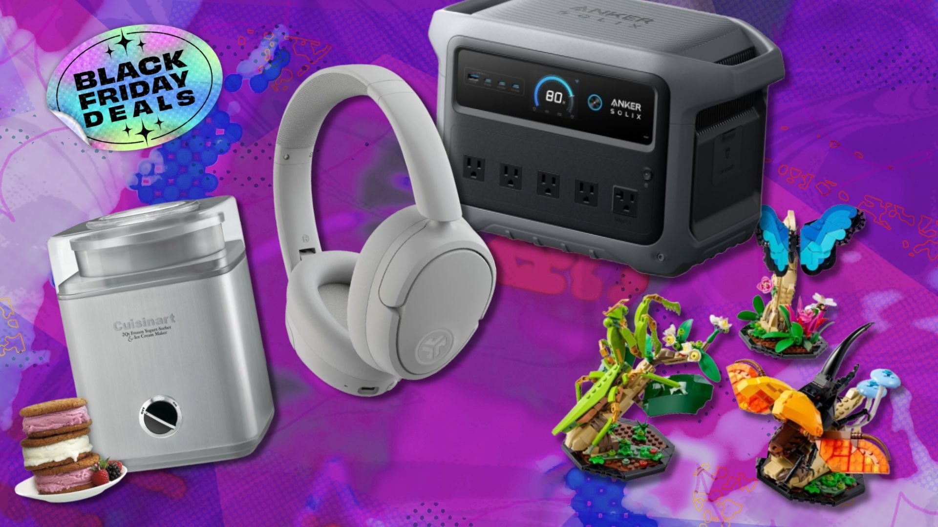 an ice cream maker, headphones, portable power station, and Lego set on a purple background that says black friday