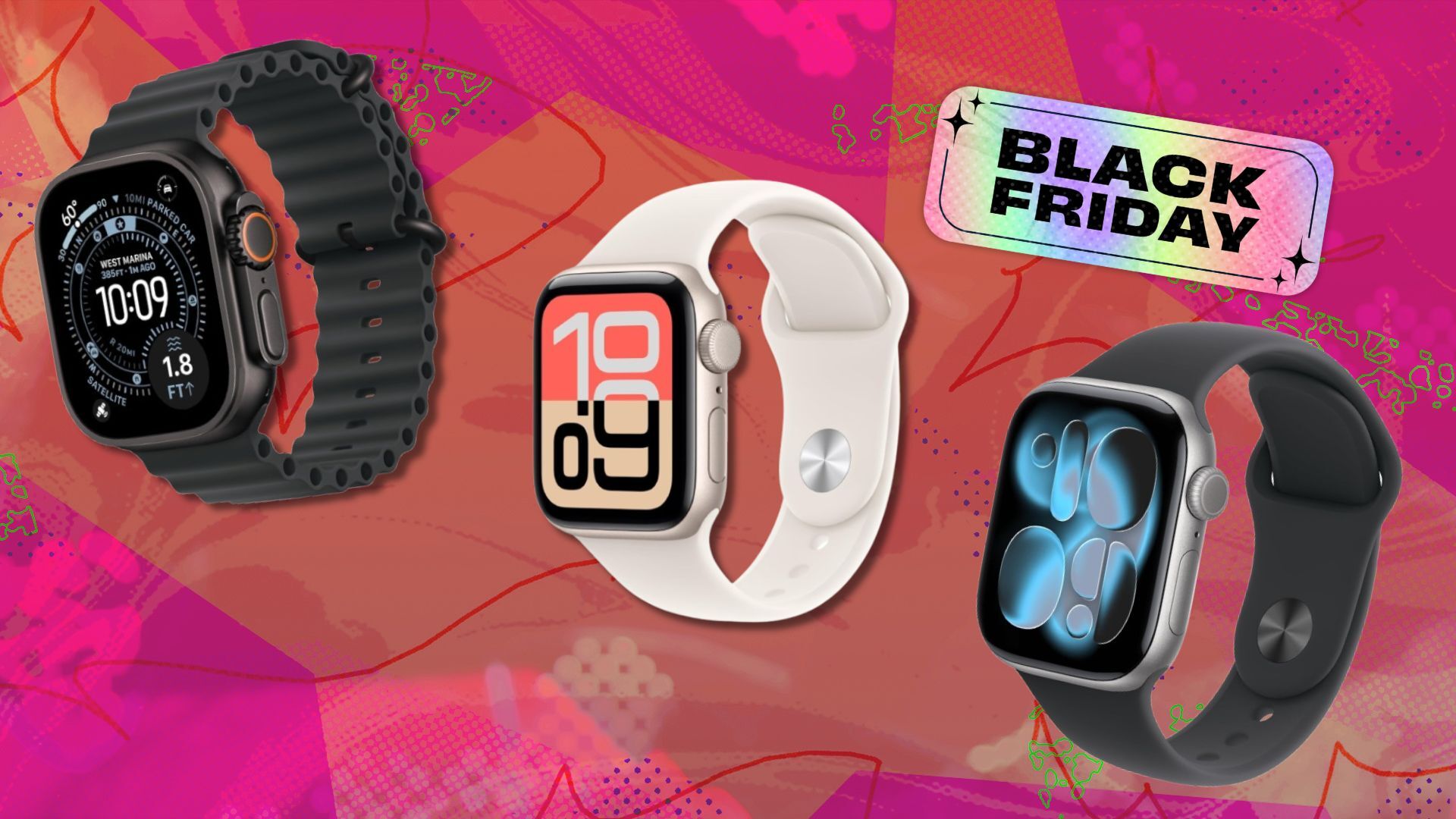 three apple watches on a pink background with a banner that says black friday