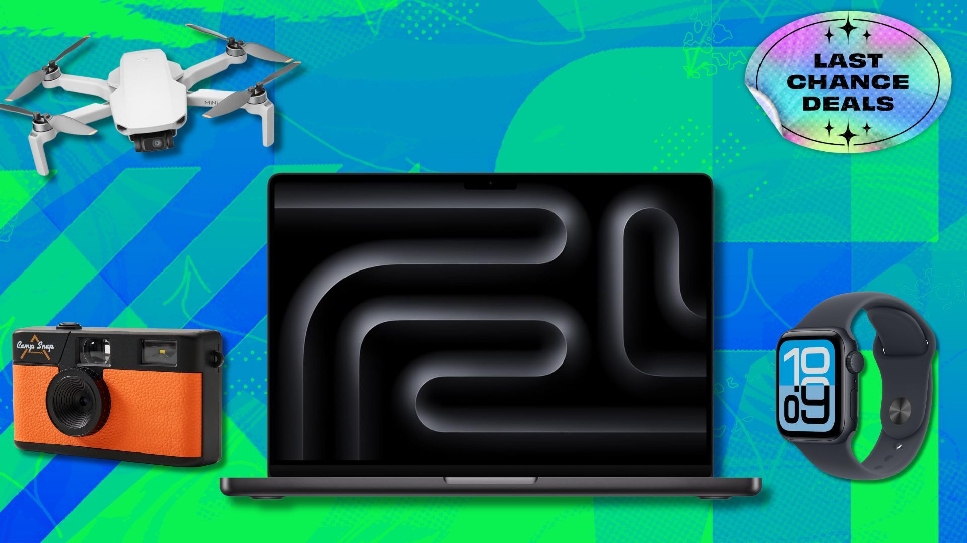 dji drone, camp snap camera, apple macbook, and apple watch on illustrated background with text that reads 'last chance deals'