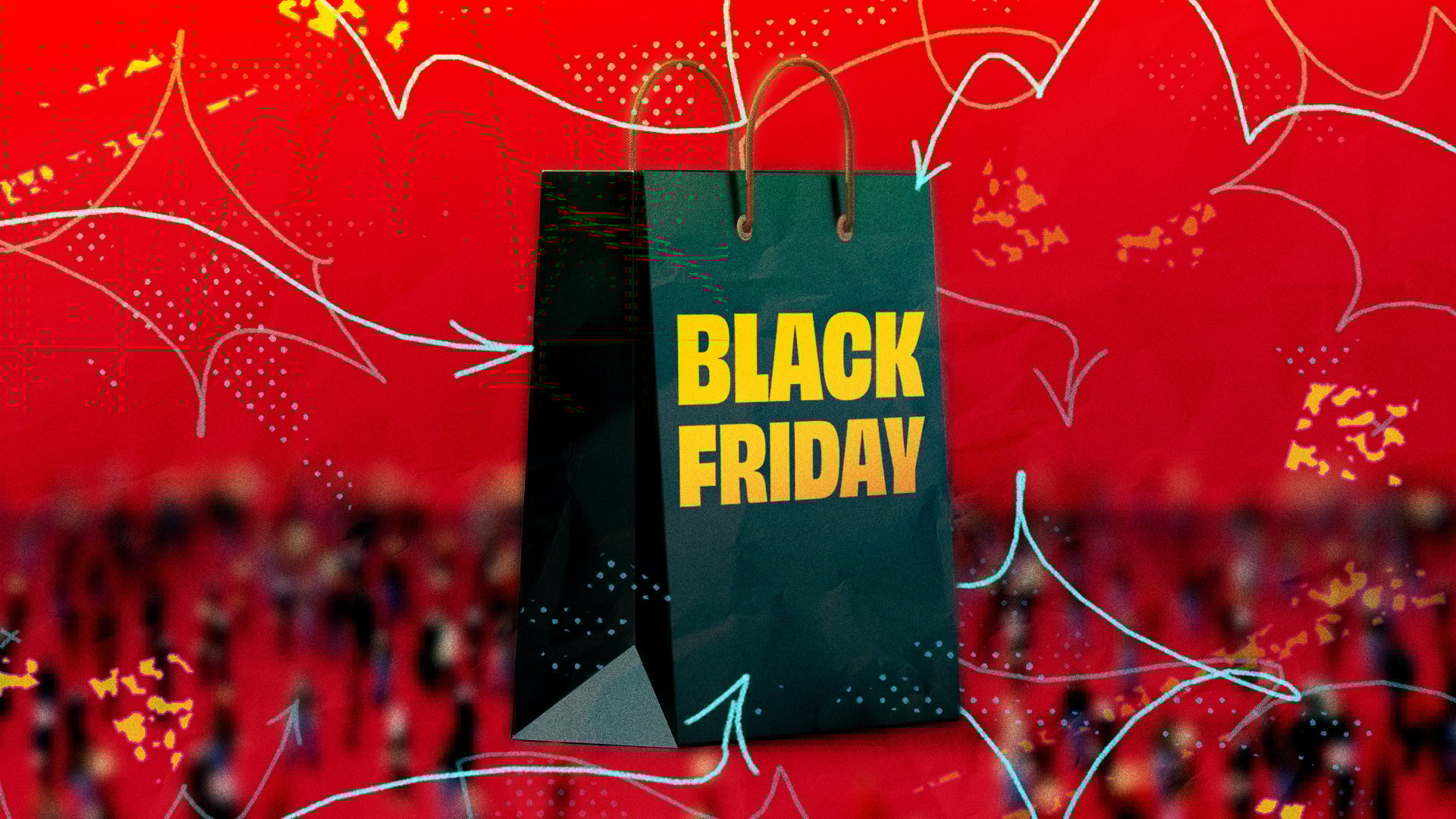 shopping bag with black friday against a red illustrated background