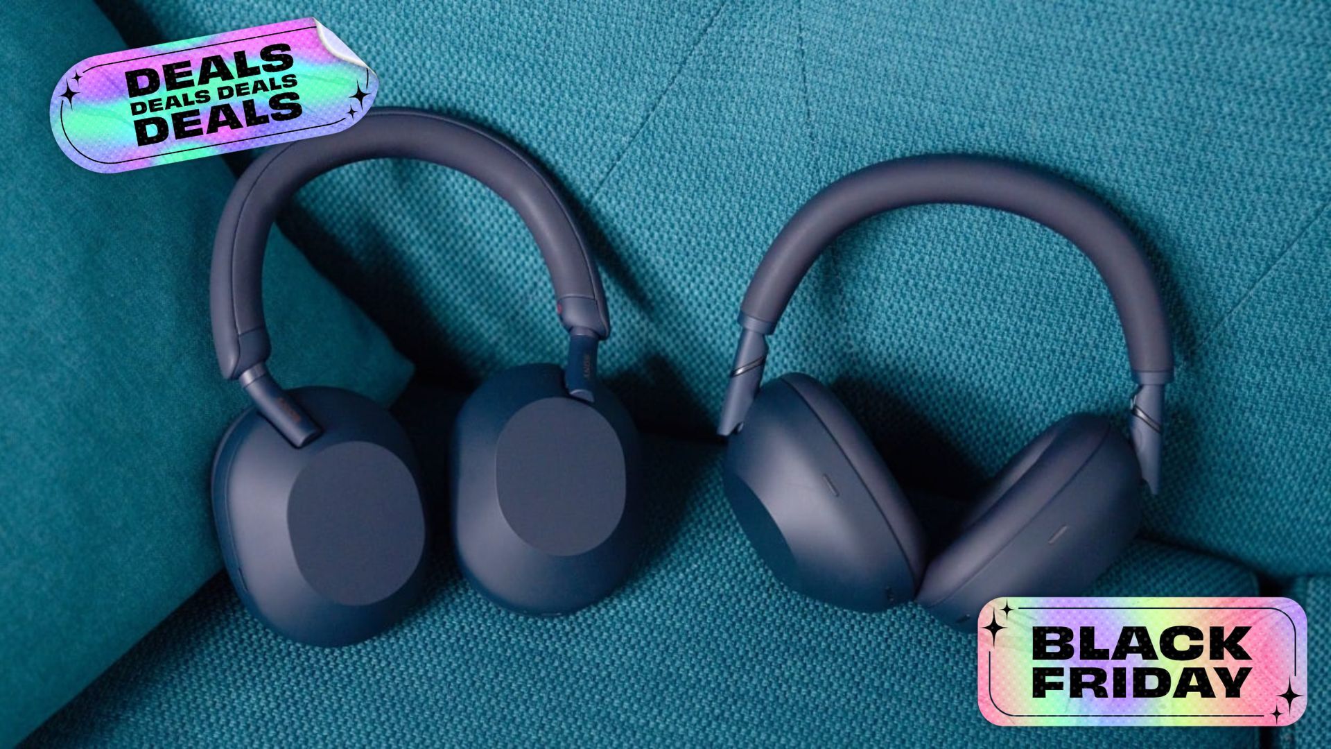 two sony headphones on a couch with stickers that read 'black friday' and 'deals'
