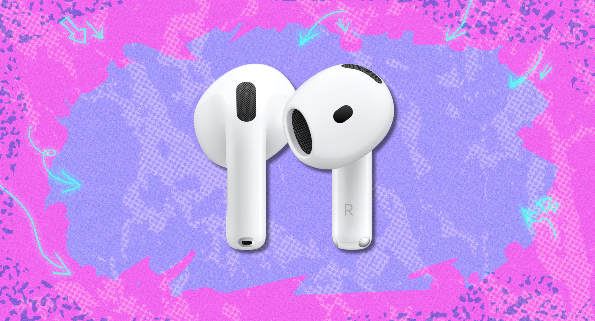 Apple AirPods 4 against a colorful pink and purple background.