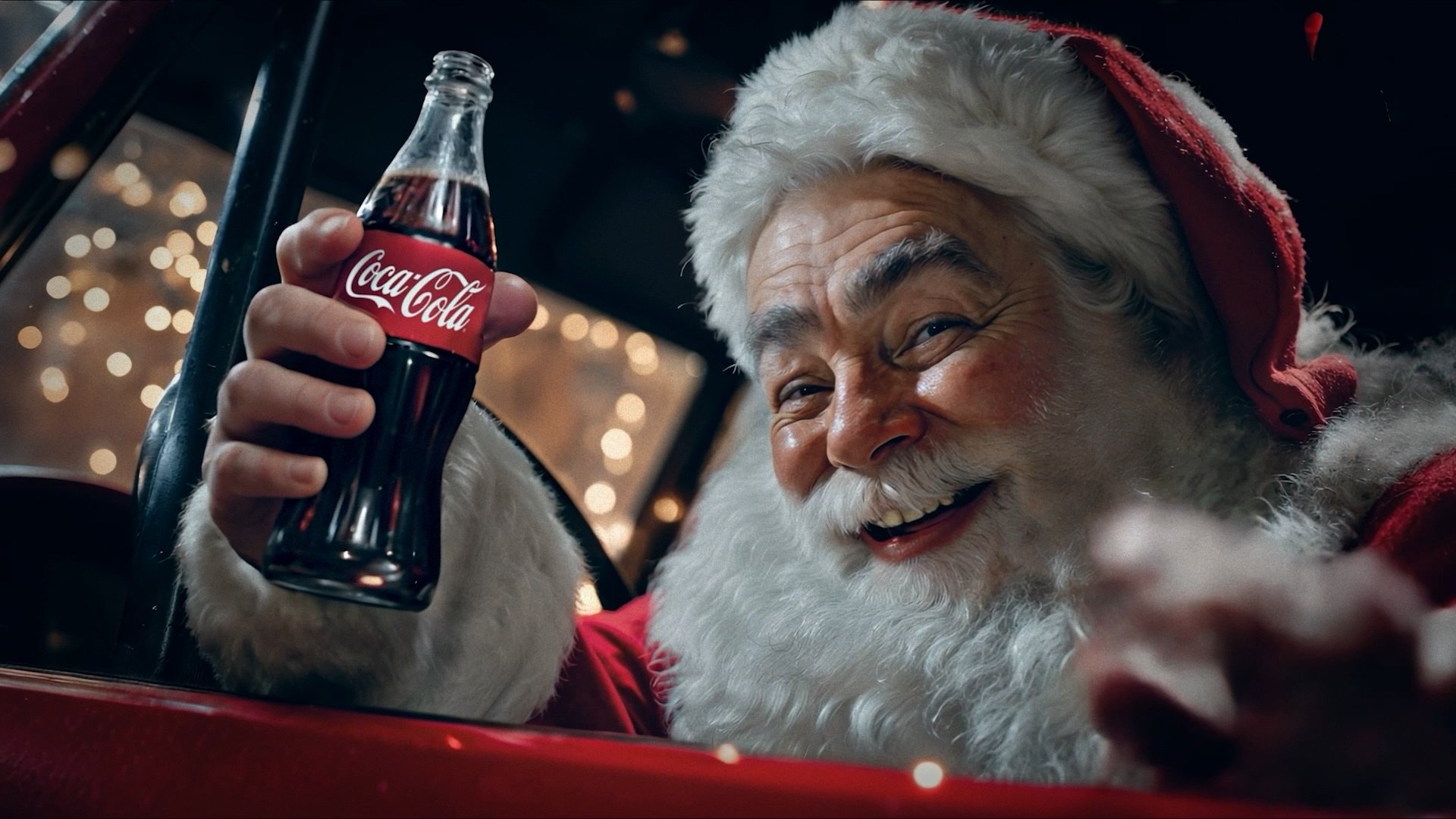 still from 'holidays are coming' ai video ad with santa claus holding coca-cola bottle
