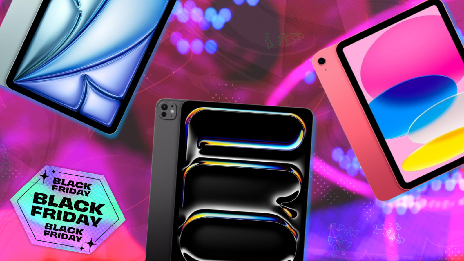 Apple iPads with pink and purple background and black friday tag in corner