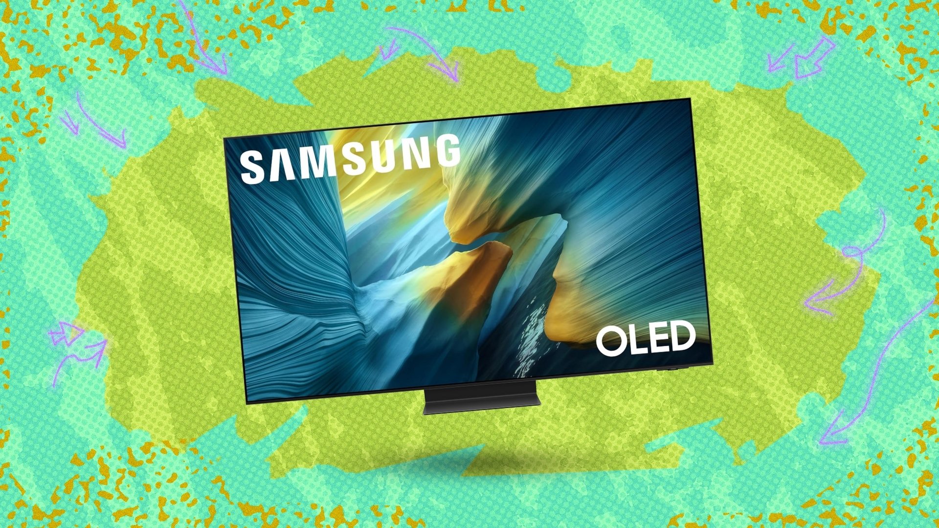 Samsung Class OLED S95F 4K TV on green background
