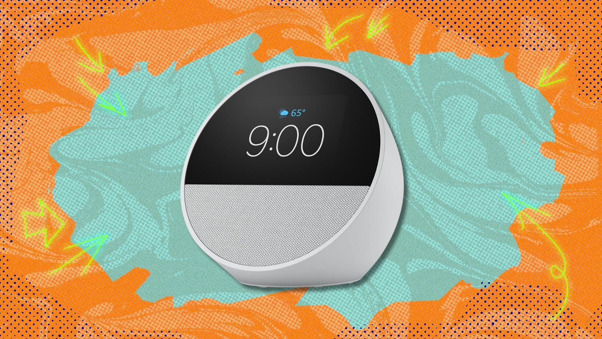 echo spot against a blue and orange patterned background